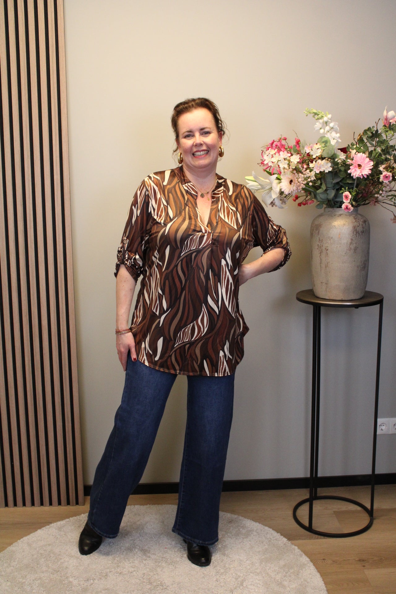 Lynn | Blouse bruin lange mouw 38 t/m 48