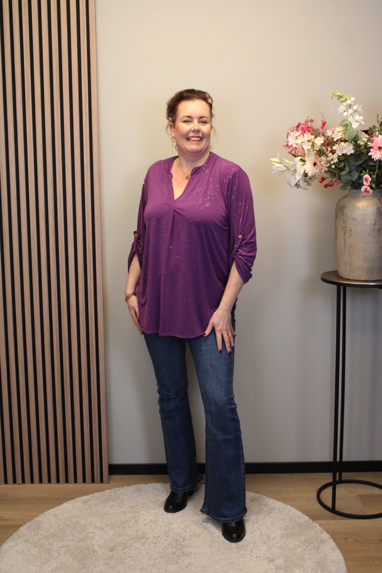 Mieke glitter | Blouse paars lange mouw 38 t/m 48
