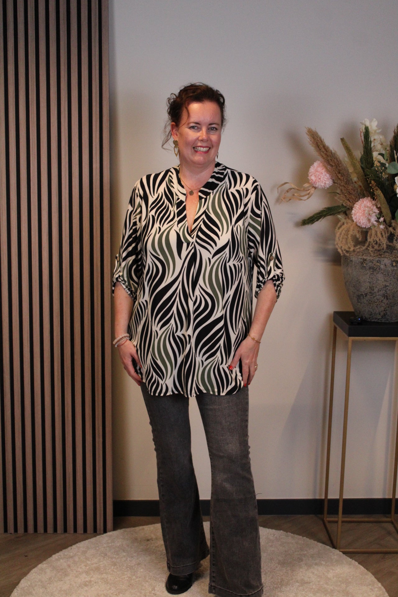 Jolisa | Blouse wit/groen lange mouw 38 t/m 48