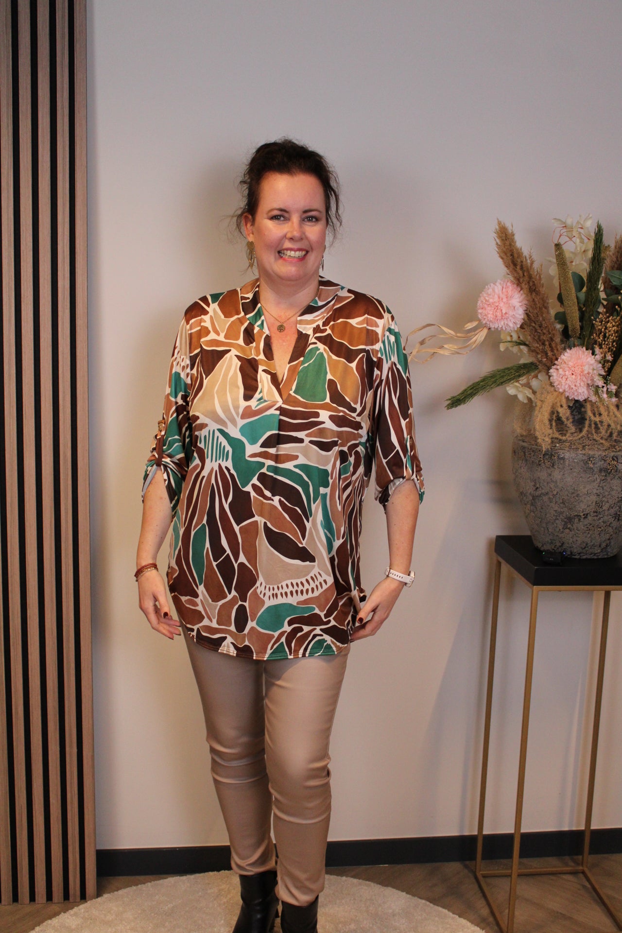 Evelin | Blouse bruin lange mouw 38 t/m 48
