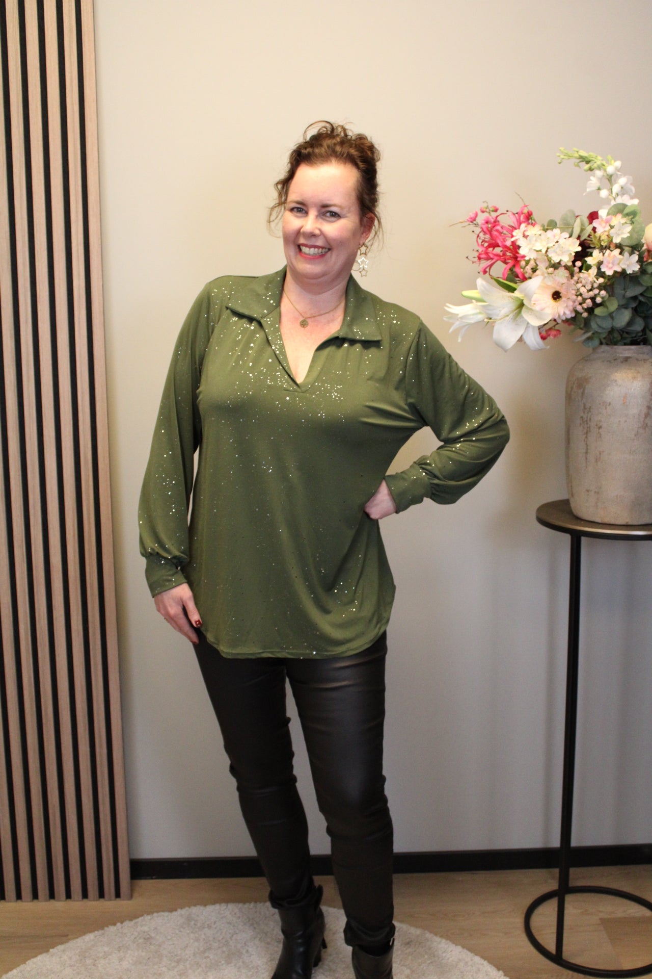 Luna | Glitter blouse groen met kraagje