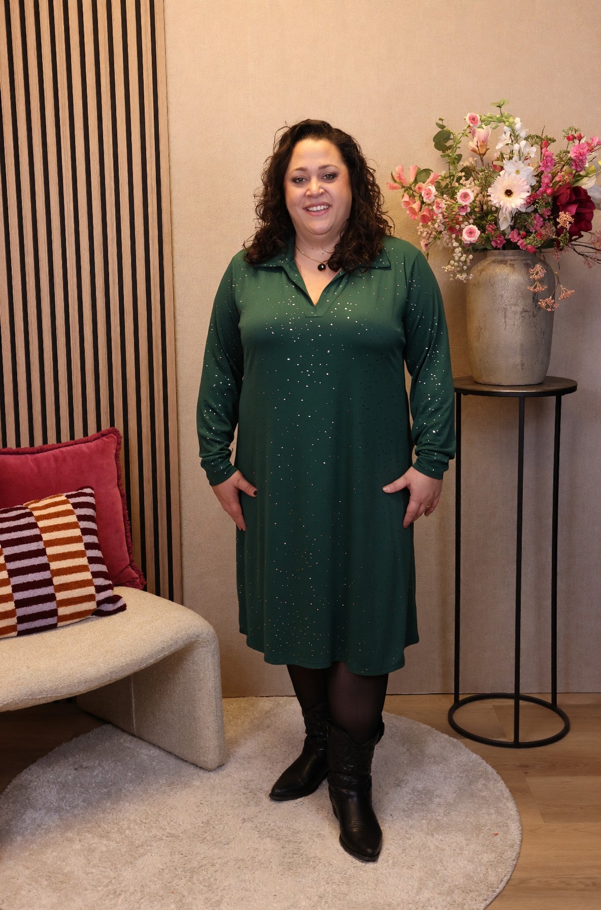 Kenza | Glitter jurk fles groen met kraagje