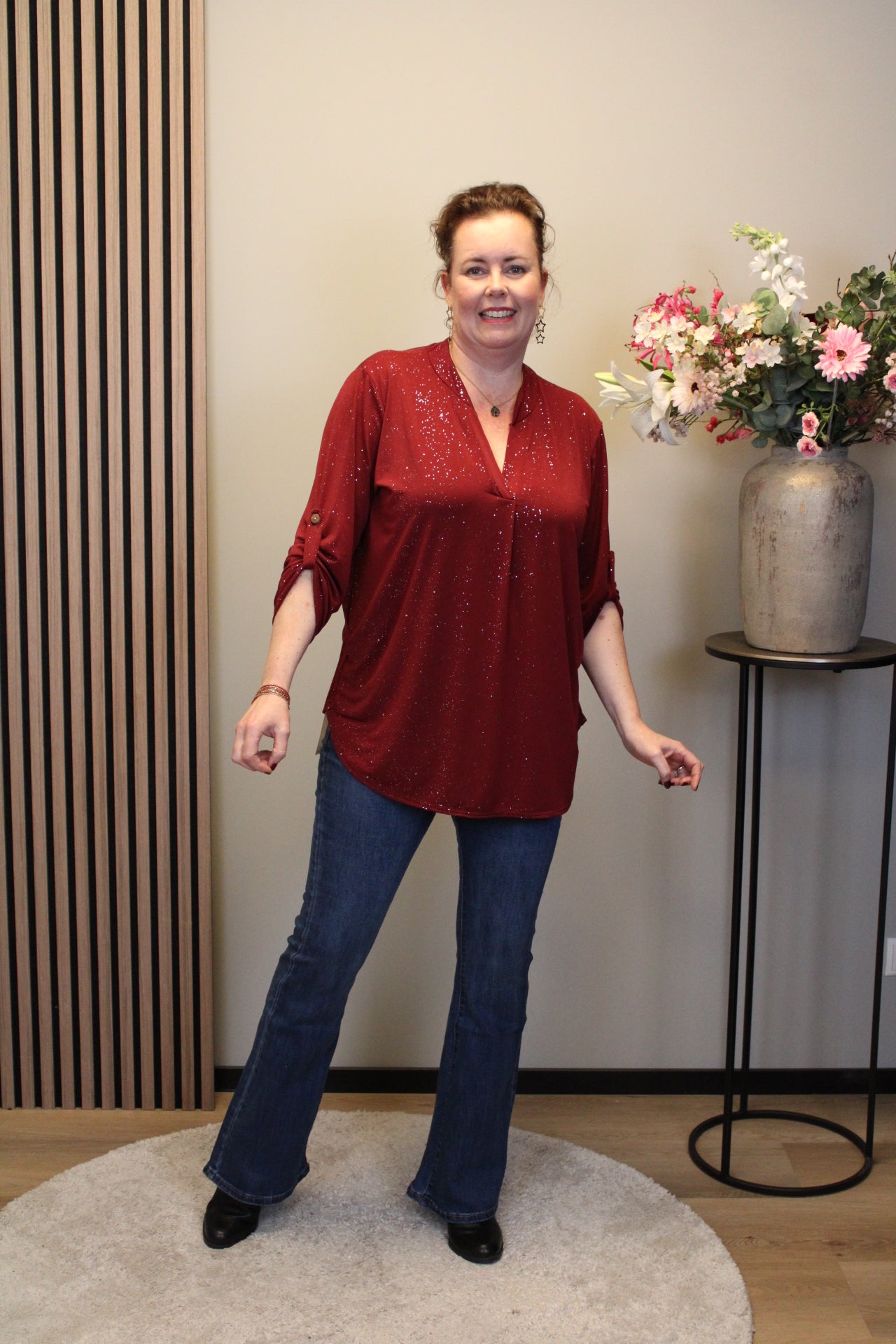 Mieke glitter | Blouse bordeaux met lange mouw 48 t/m 52