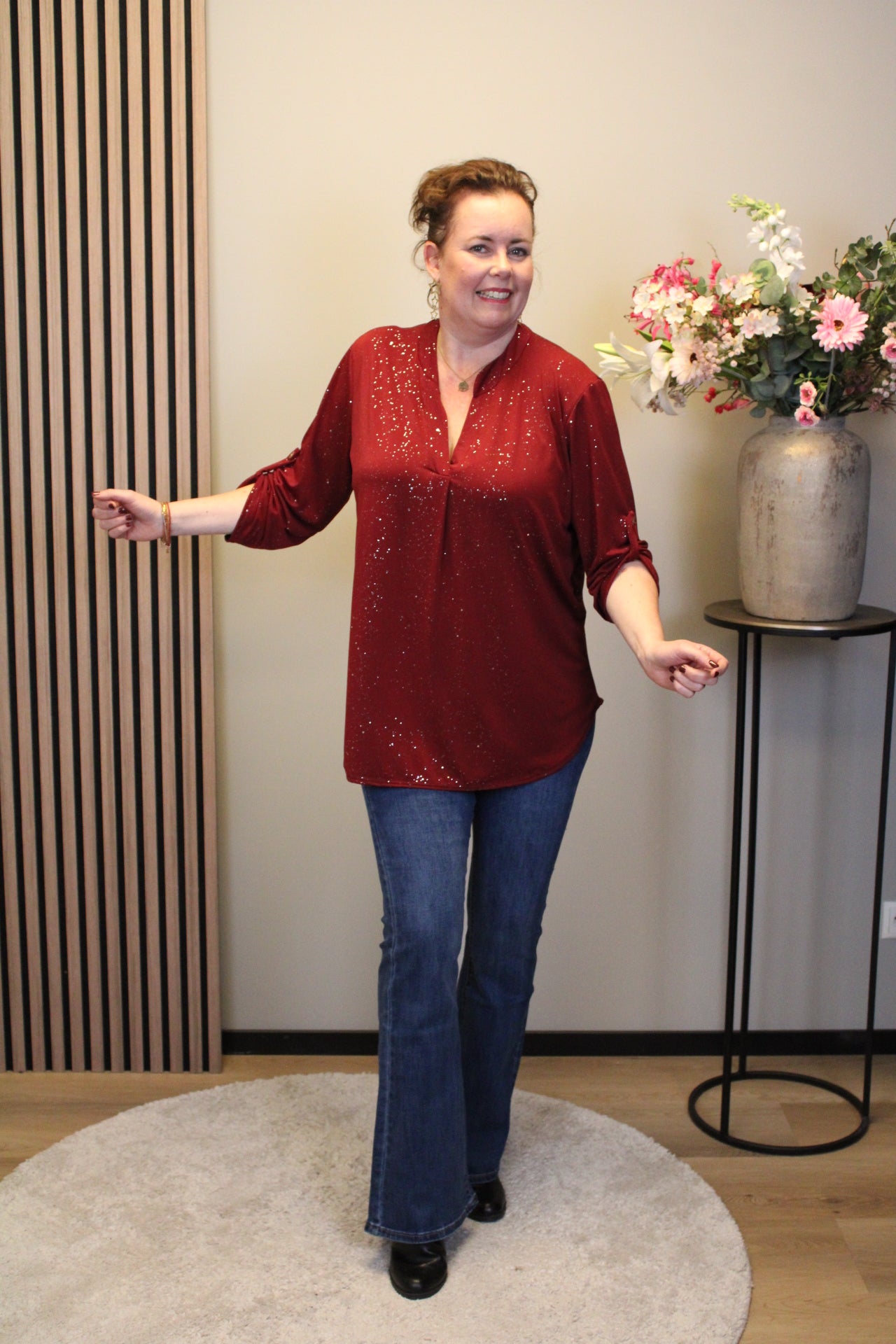 Mieke glitter | Blouse bordeaux met lange mouw 52 t/m 58
