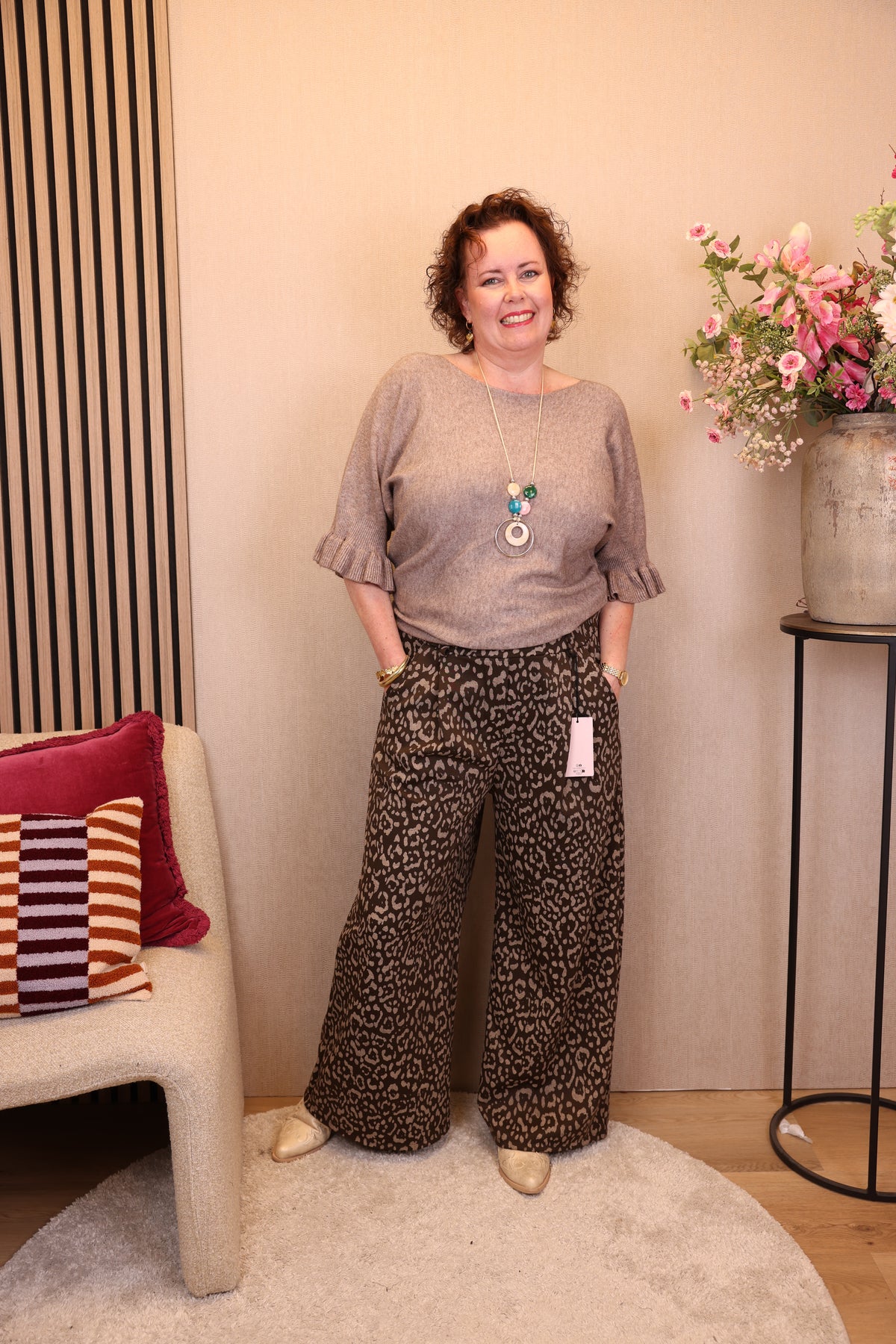 Jade | Broek panterprint bruin 40 - 48 + gratis riem