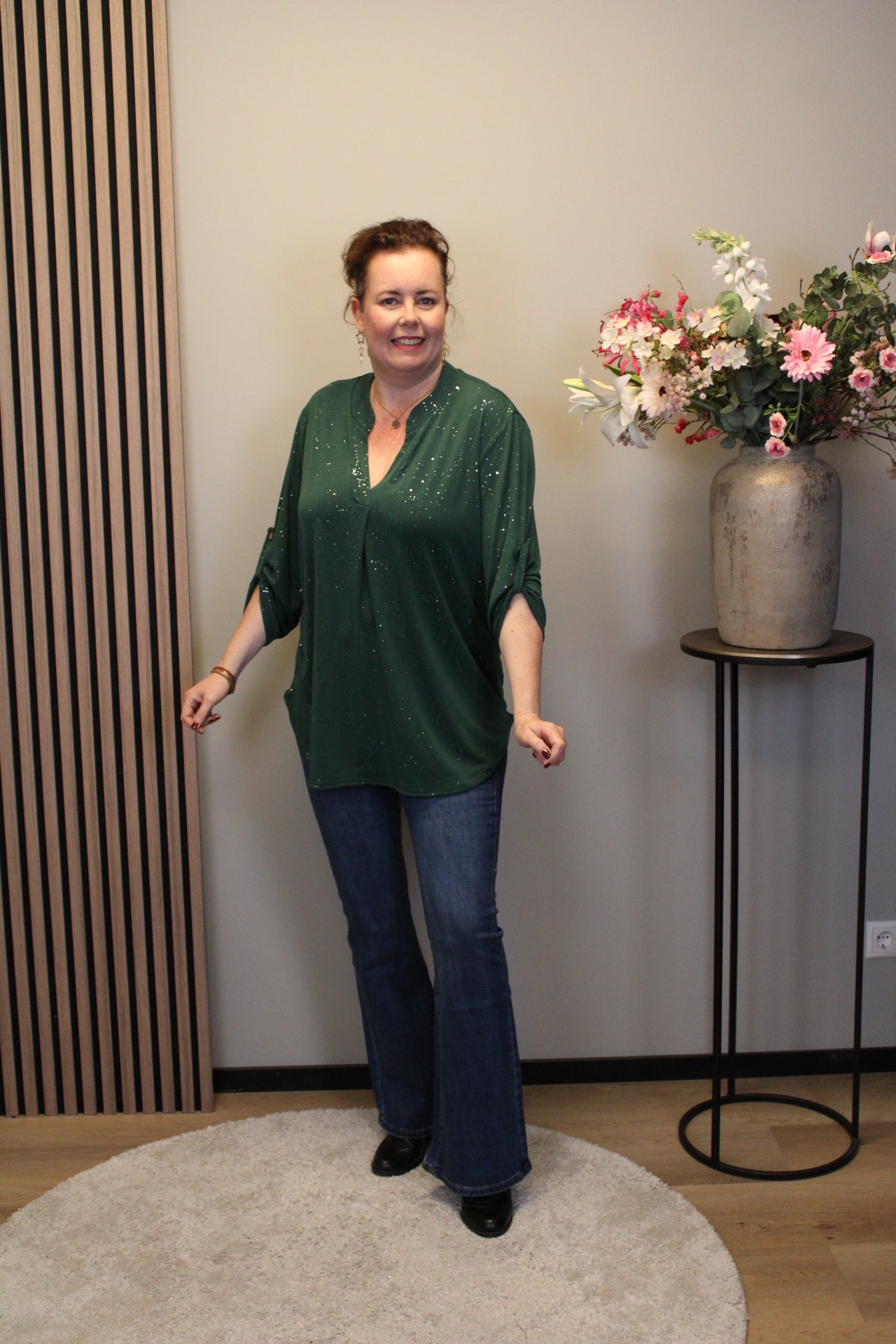 Mieke glitter | Blouse fles groen met lange mouw 52 t/m 58