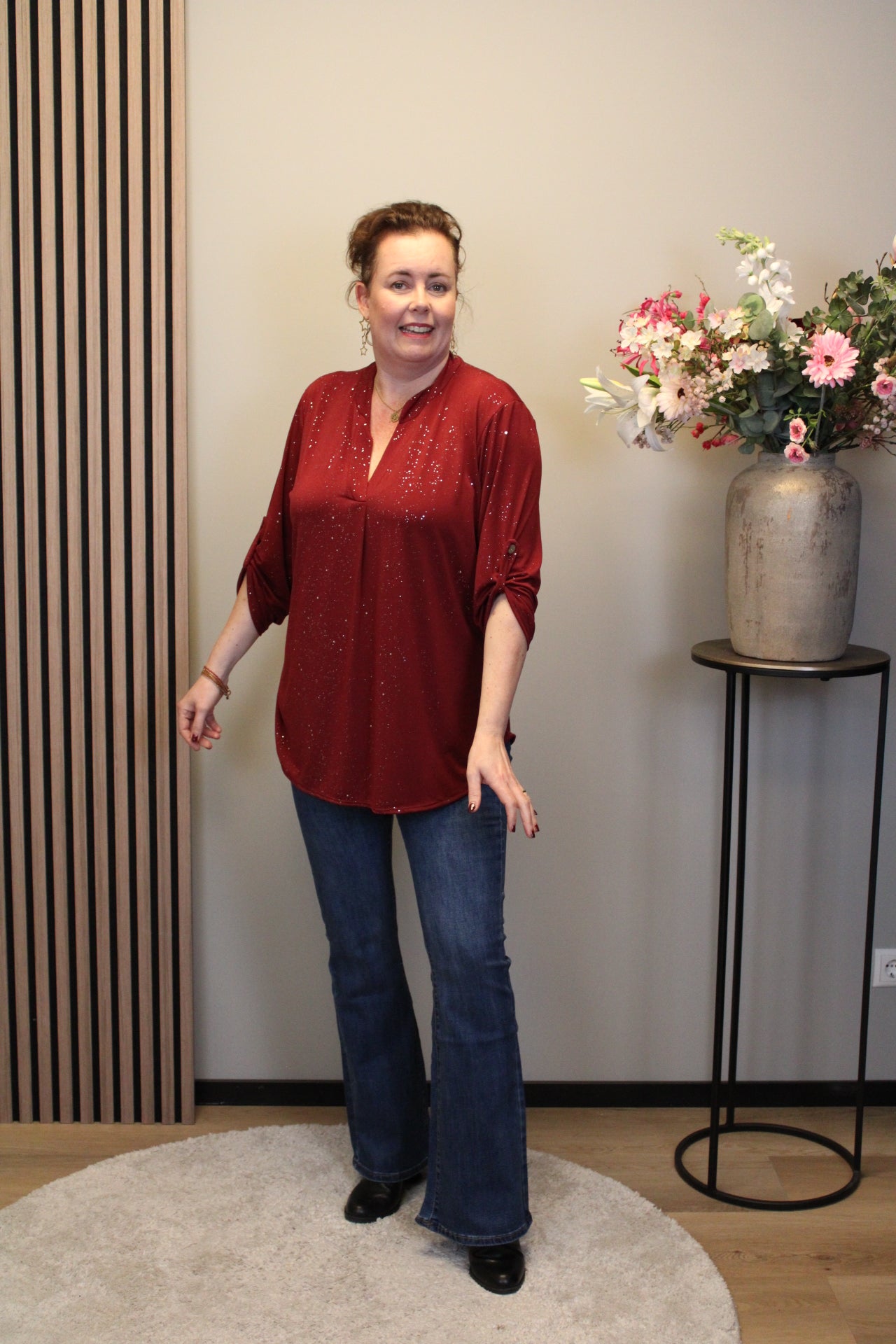 Mieke glitter | Blouse bordeaux met lange mouw 52 t/m 58