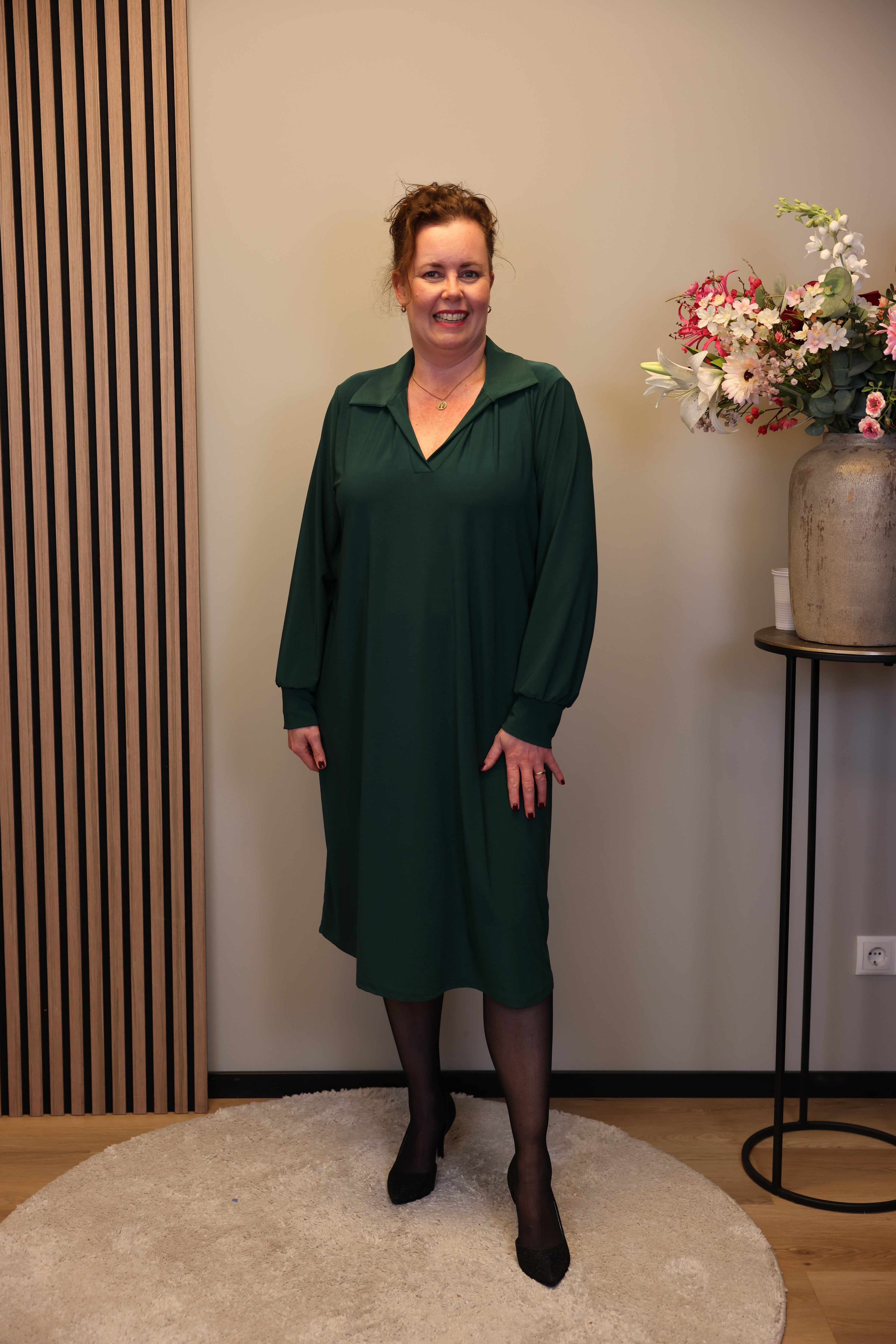 Marijke | Jurk fles groen met kraagje 38 t/m 46