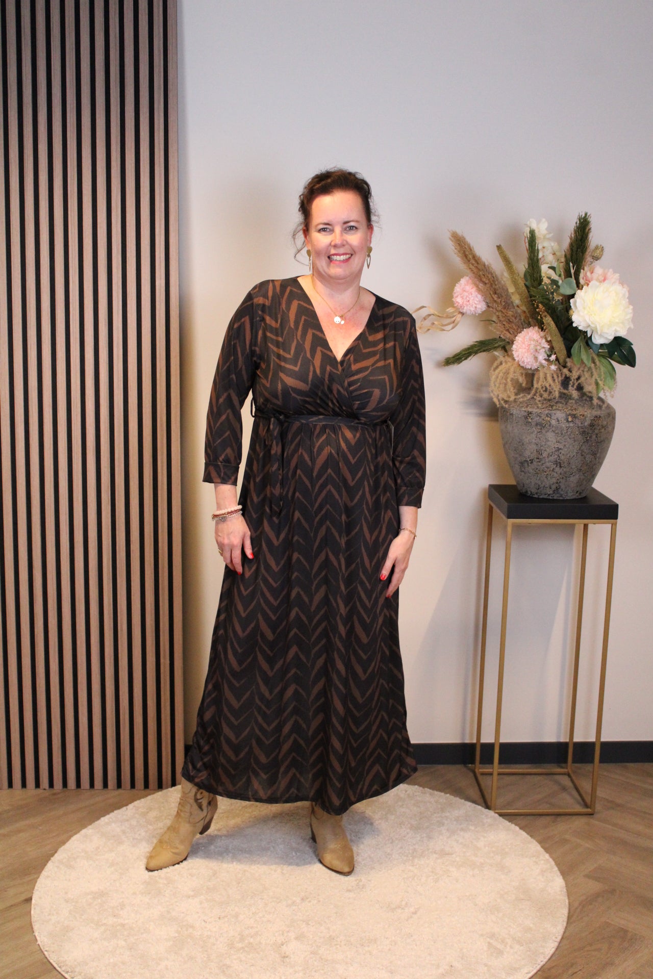 Minke | Jurk zwart/bruin lange mouw 46 t/m 50