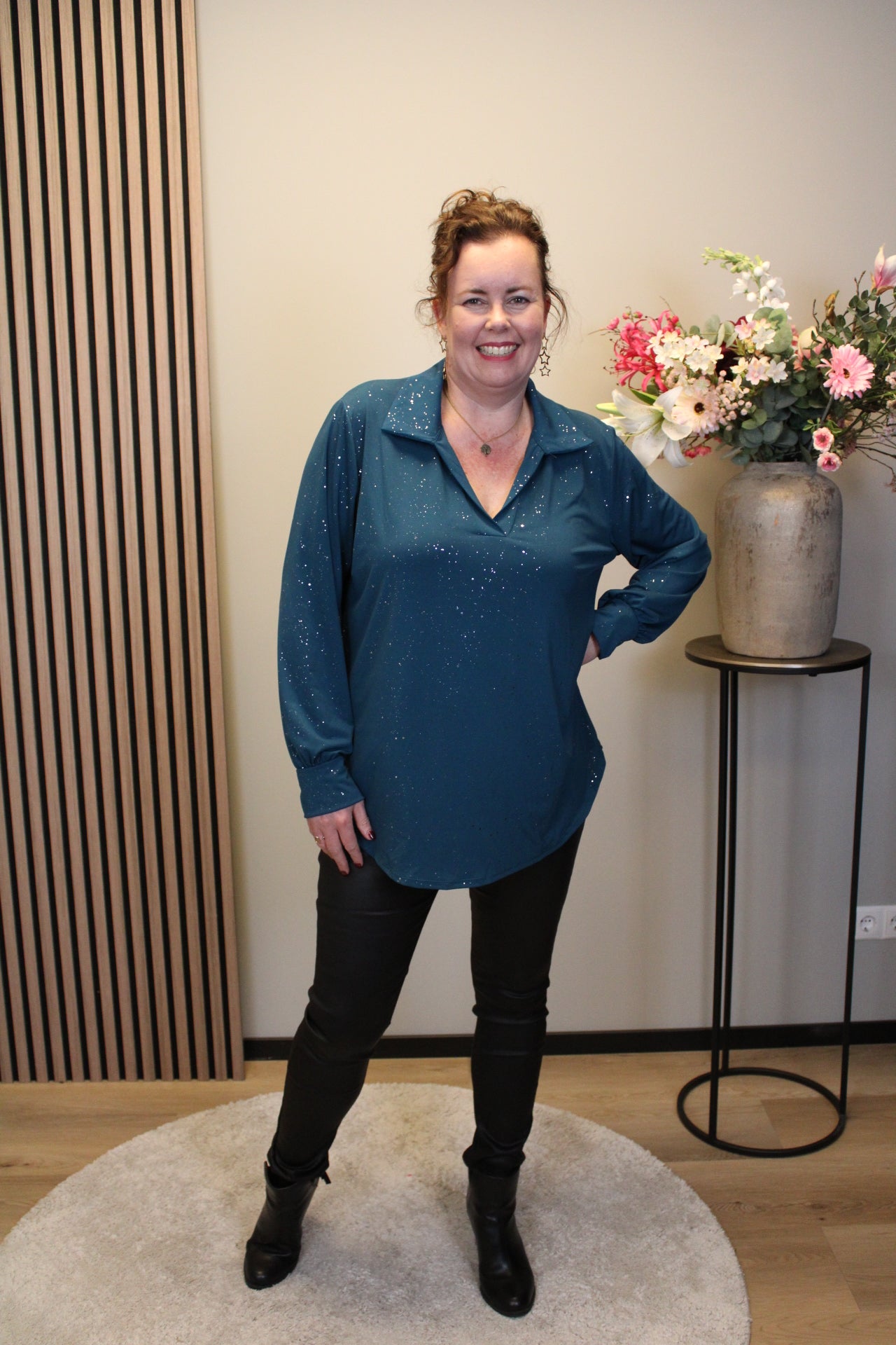 Luna glitter | Blouse aqua met kraagje 52 t/m 58