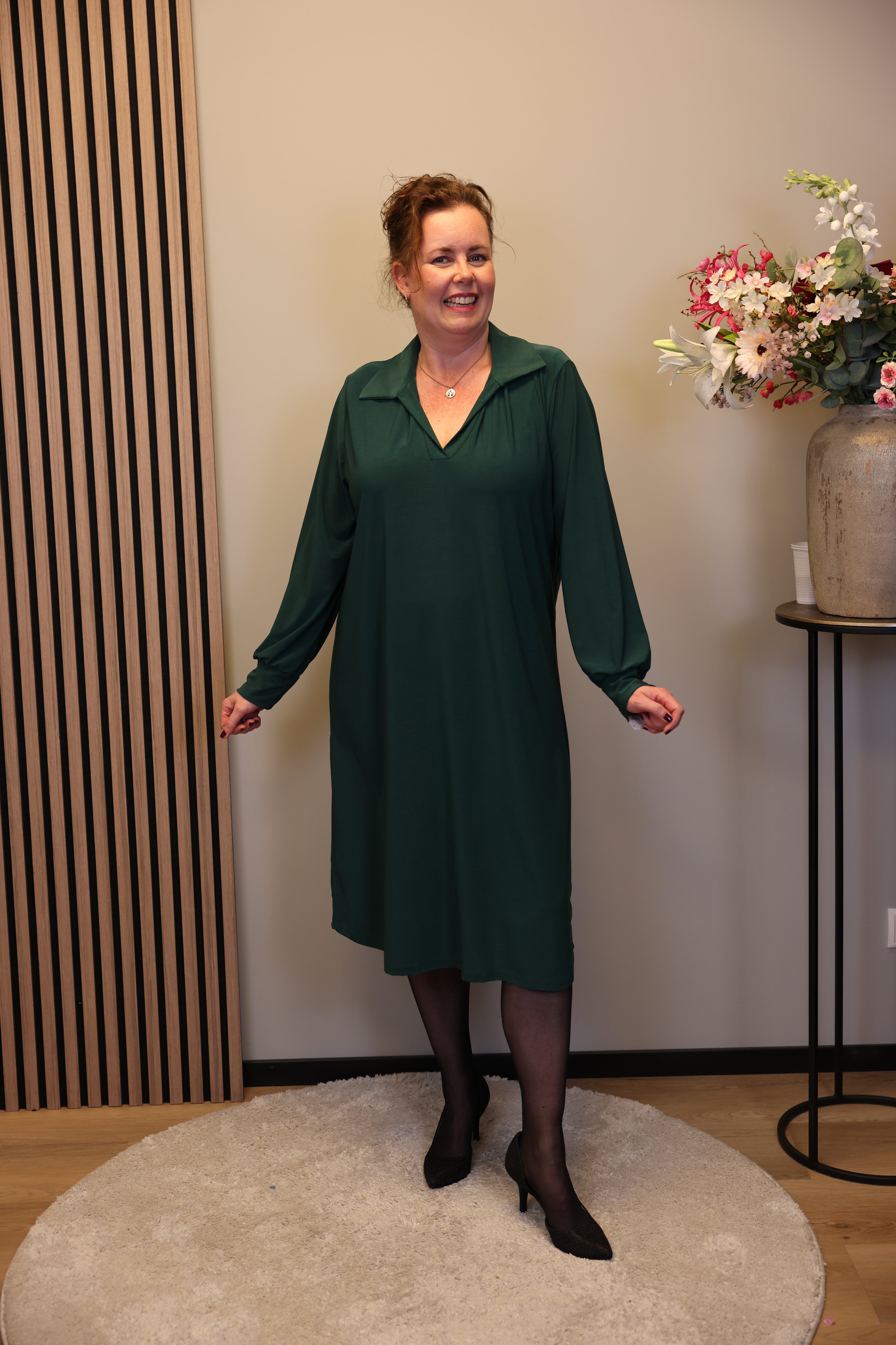 Marijke | Jurk fles groen met kraagje