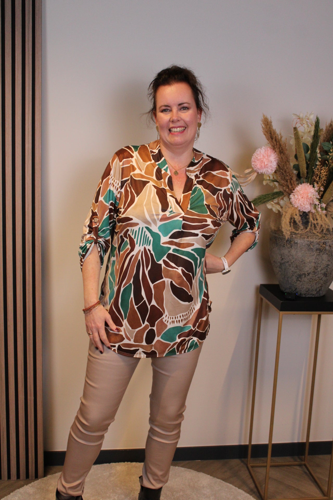 Evelin | Blouse bruin lange mouw 38 t/m 48