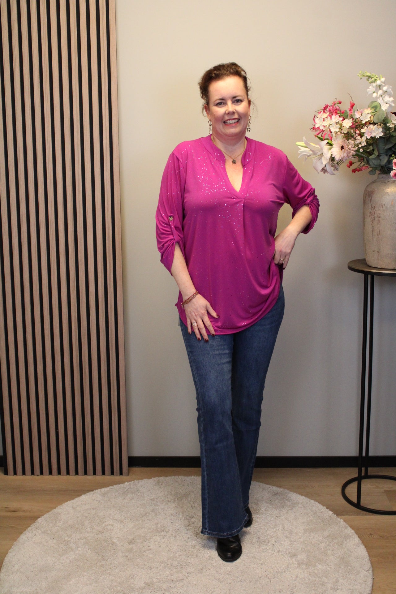 Mieke glitter | Blouse roze lange mouw 38 t/m 48