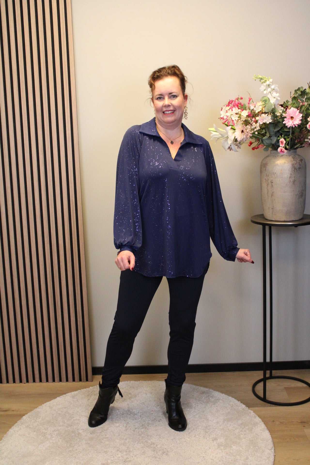 Luna glitter | Blouse navy met kraagje 52 t/m 58