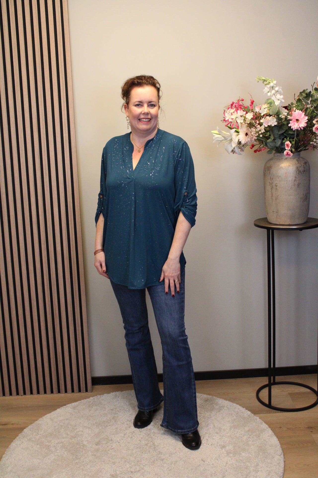 Mieke glitter | Blouse aqua lange mouw 38 t/m 48