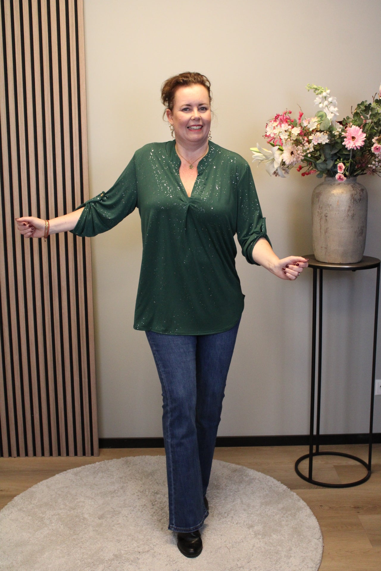 Mieke glitter | Blouse fles groen lange mouw 38 t/m 48