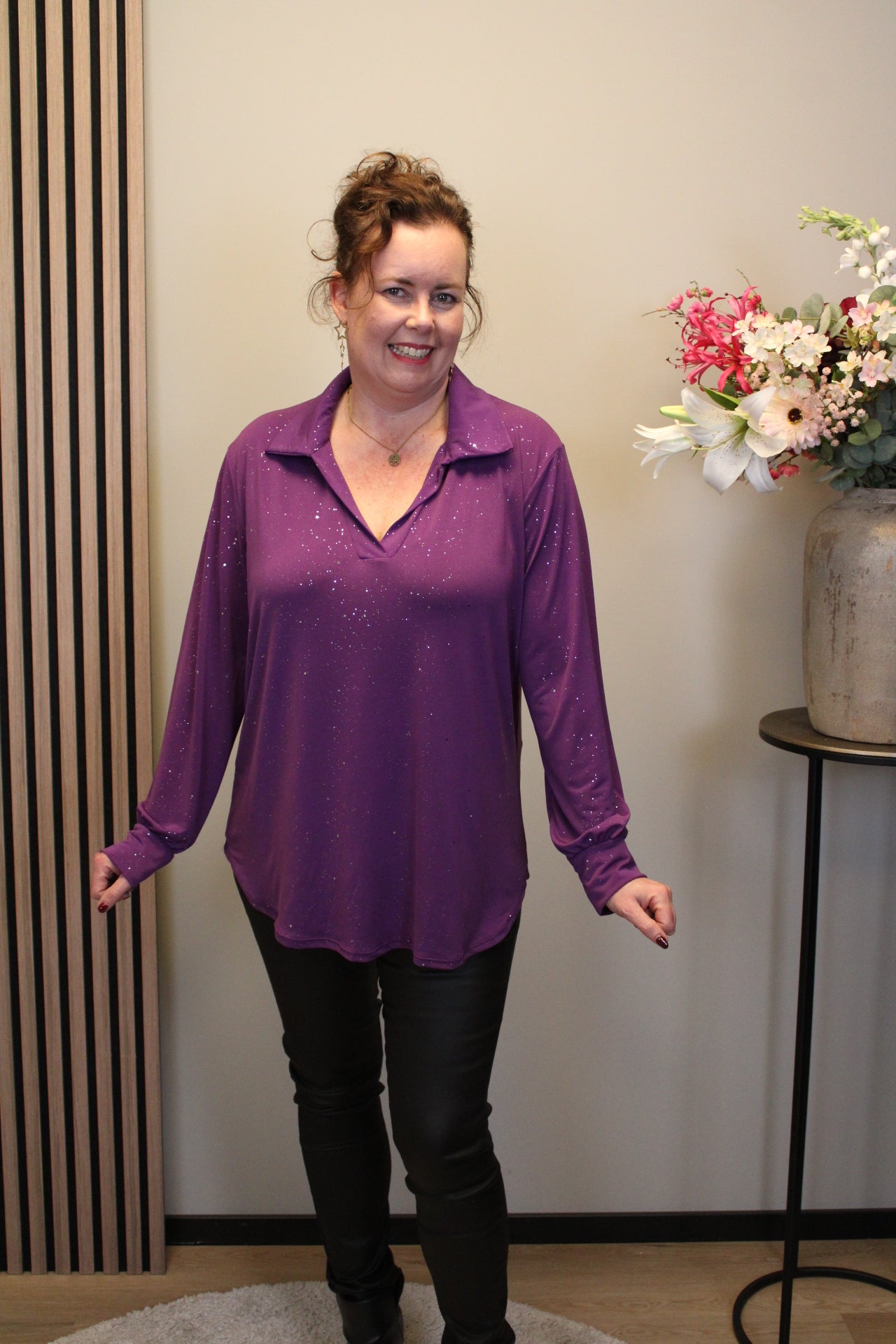 Luna | Glitter blouse paars met kraagje