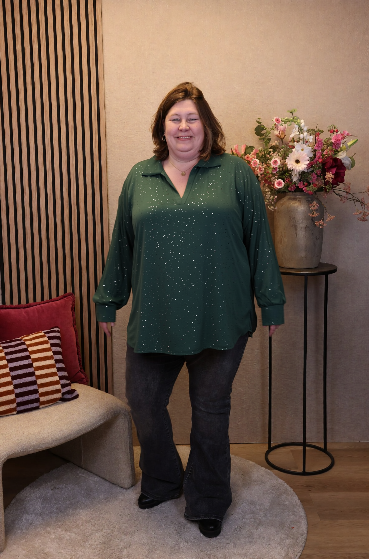 Luna | Glitter blouse fles groen met kraagje