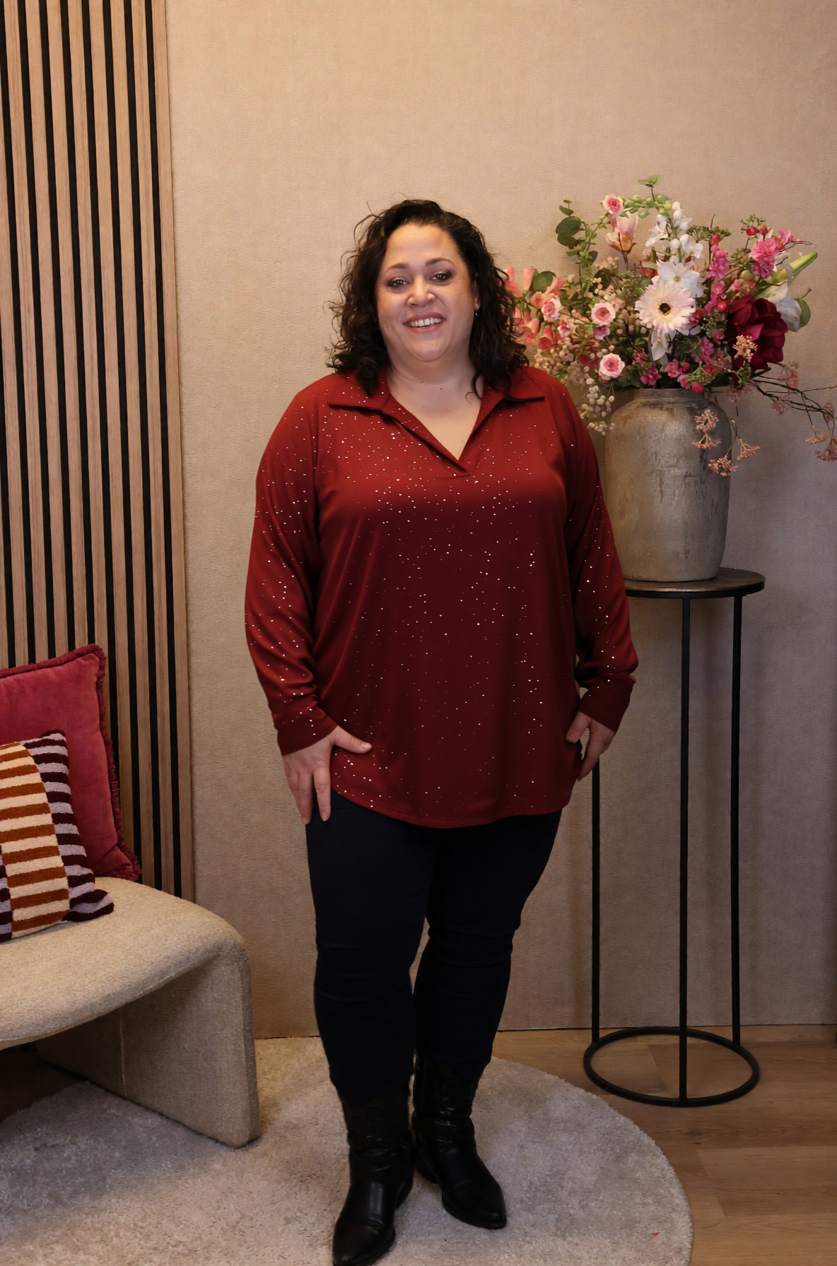 Luna | Glitter blouse bordeaux met kraagje