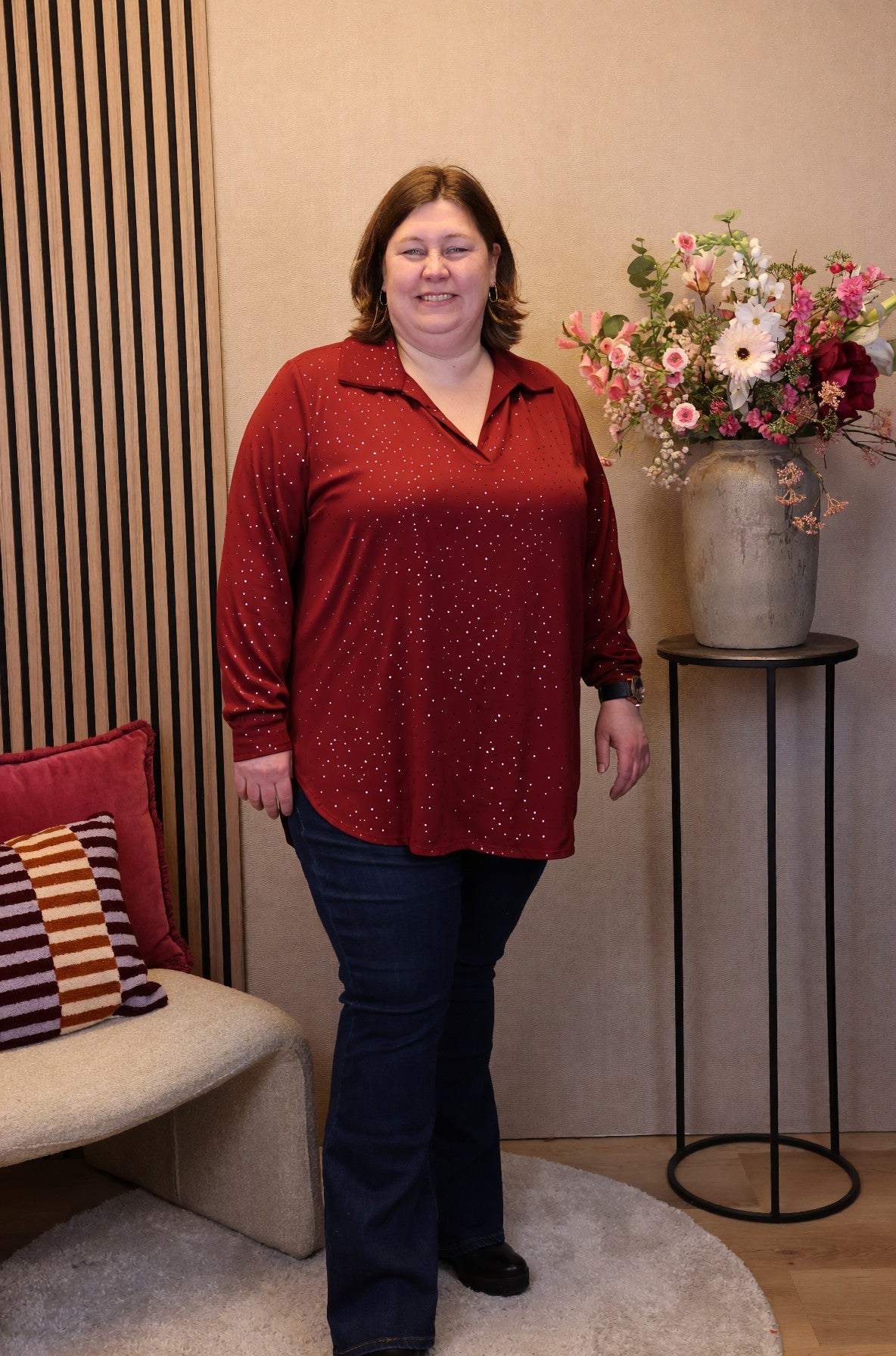 Luna | Glitter blouse bordeaux met kraagje