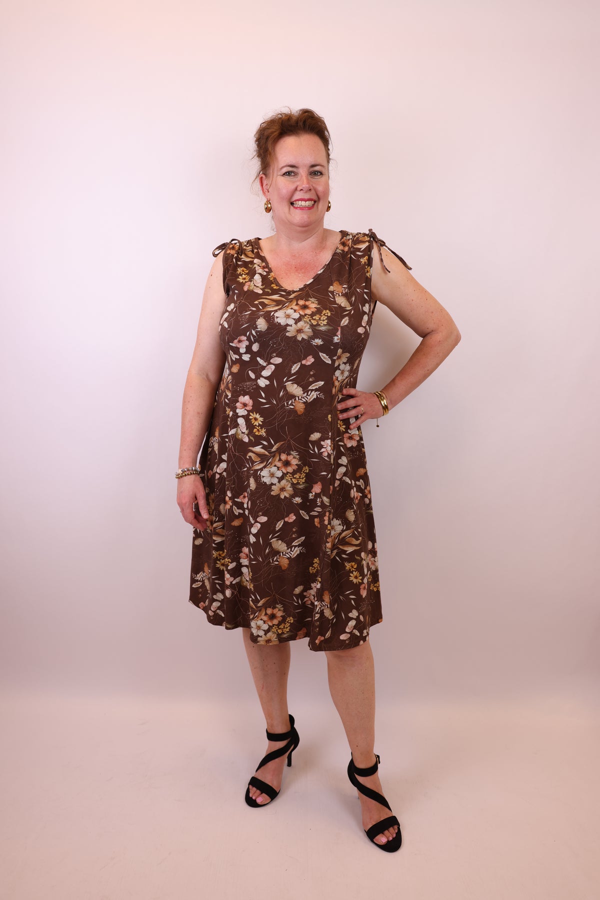 Lieke | Jurk bloemen bruin katoen