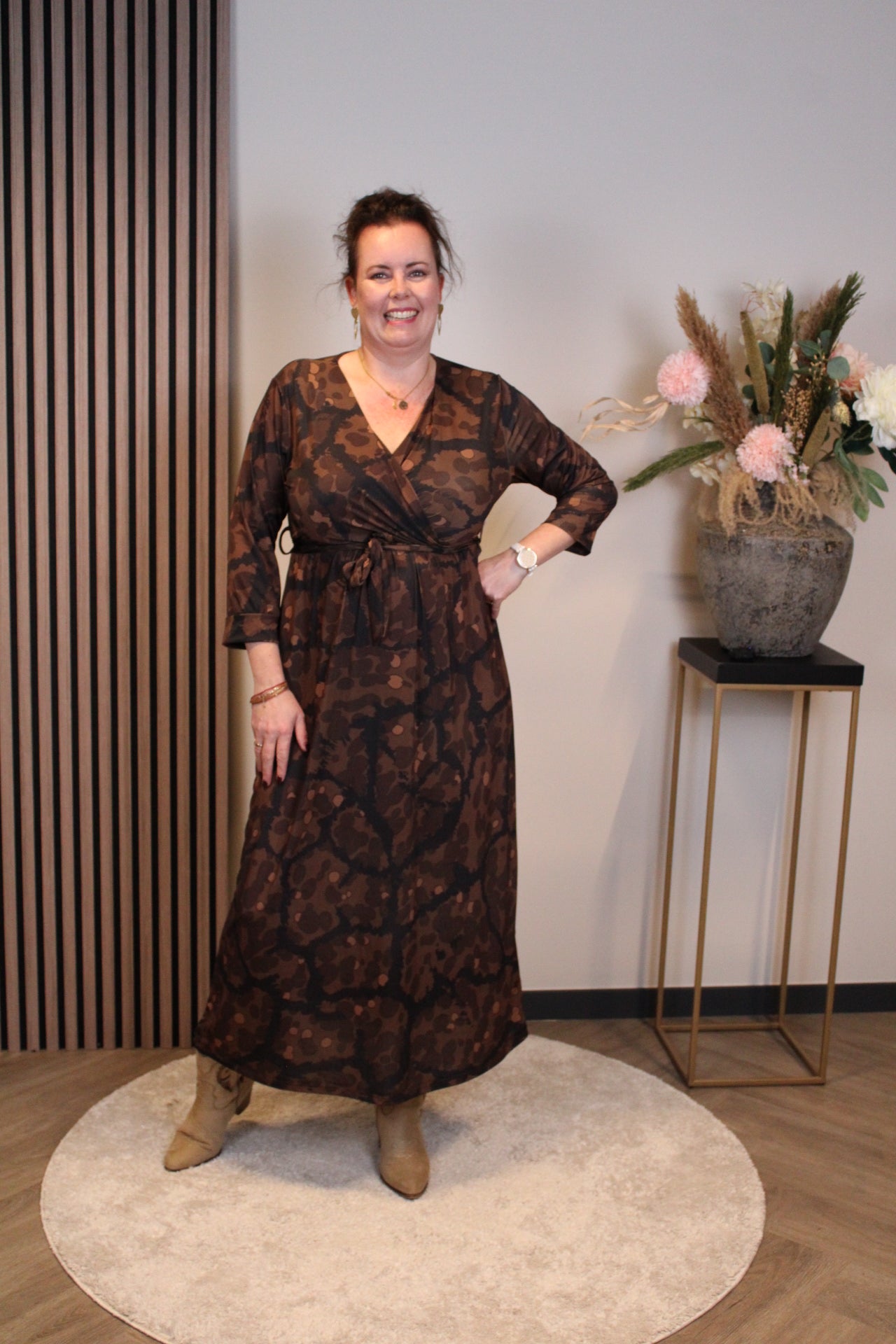 Fiene | Jurk zwart/bruin lange mouw 38 t/m 44