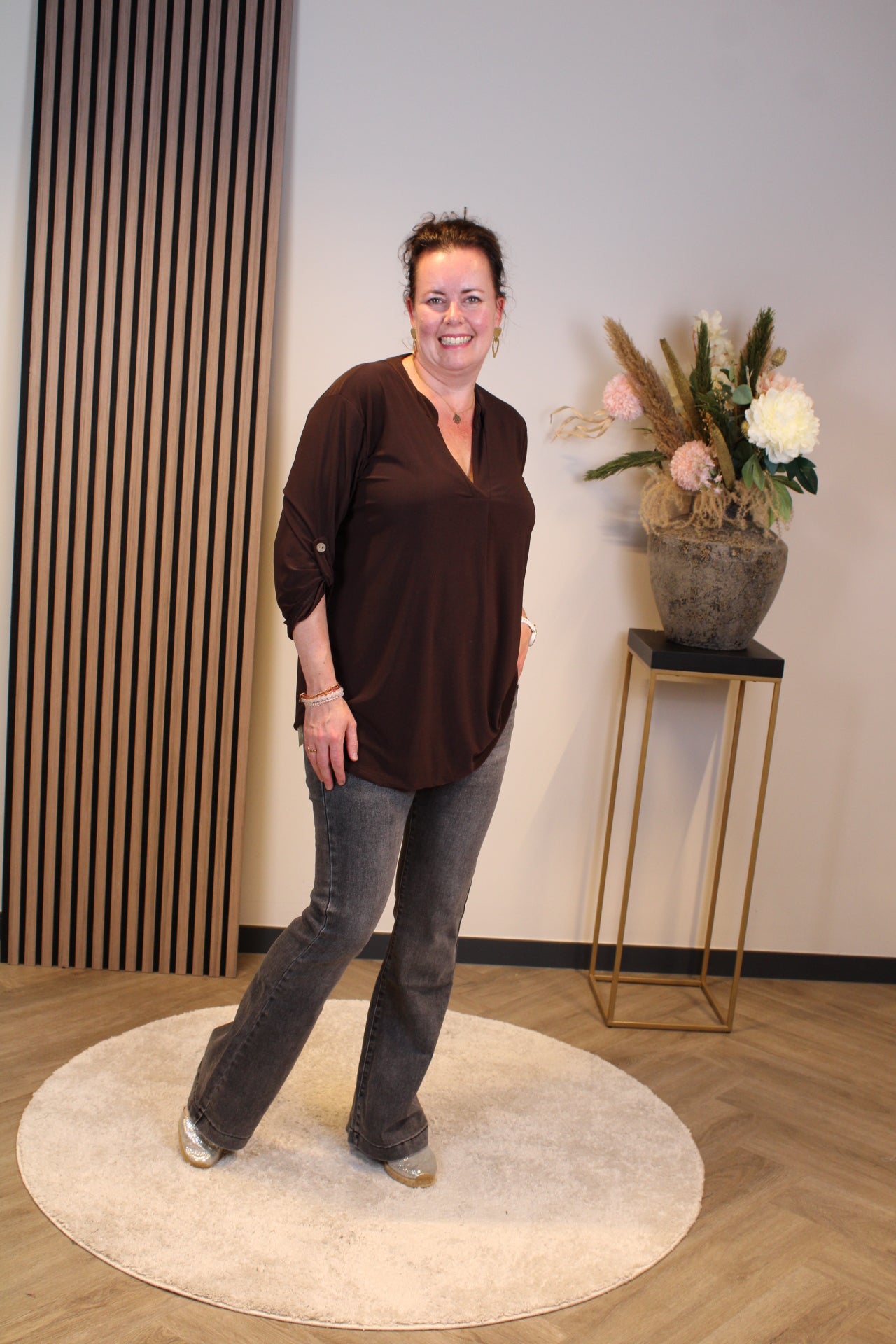 Mara | Blouse bruin lange mouw 48 t/m 52