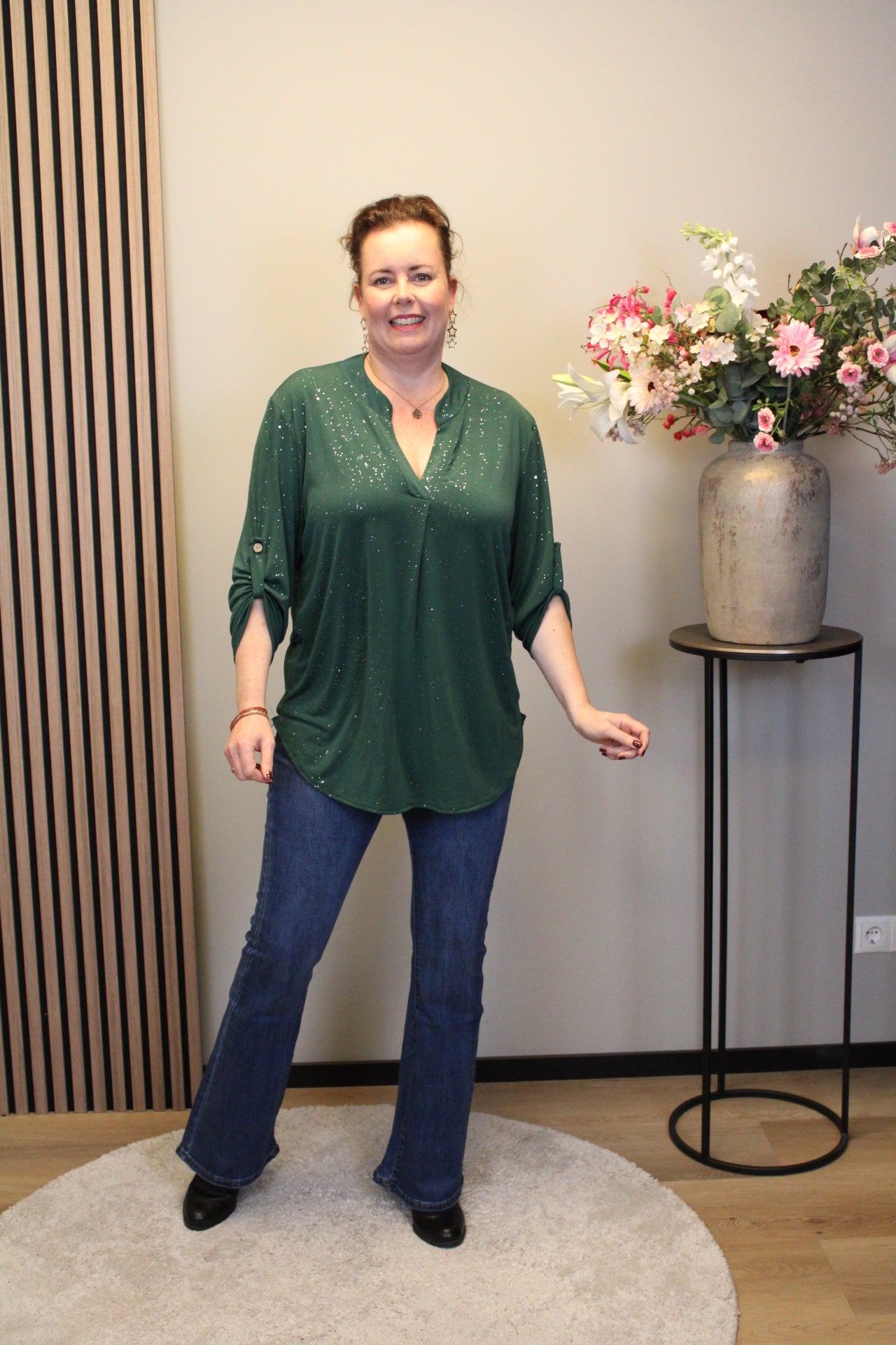 Mieke glitter | Blouse fles groen met lange mouw 52 t/m 58