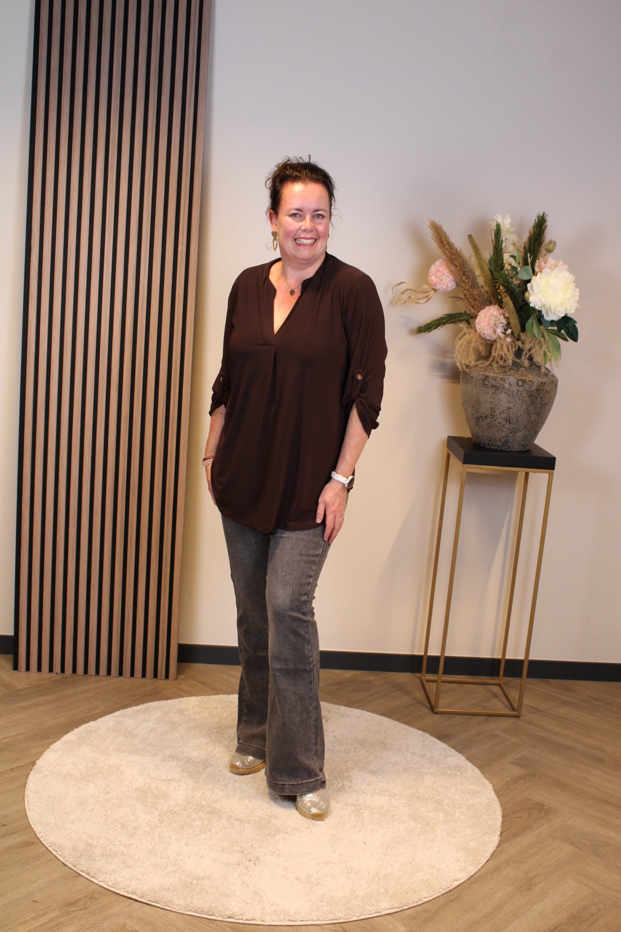 Mara | Blouse bruin lange mouw 52 t/m 58
