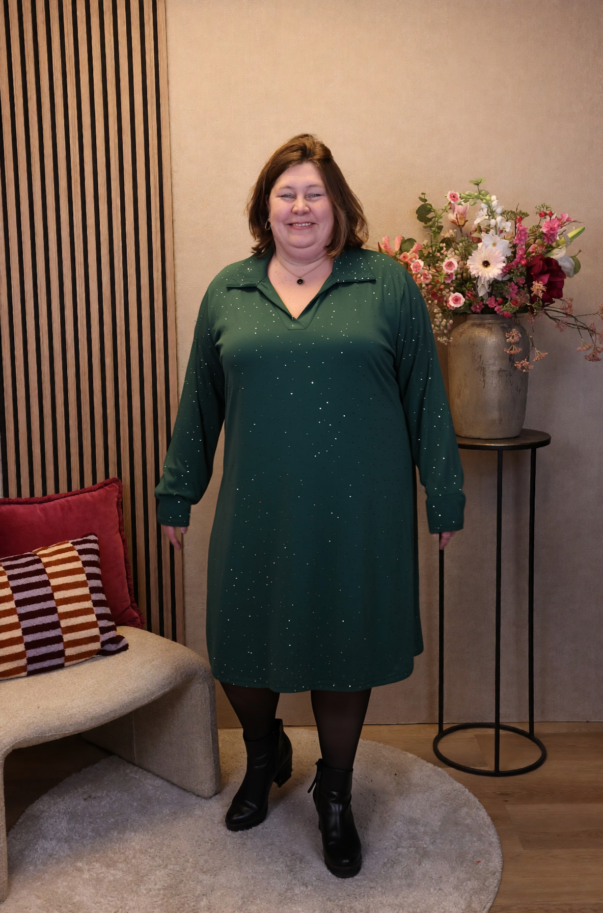 Kenza | Glitter jurk fles groen met kraagje