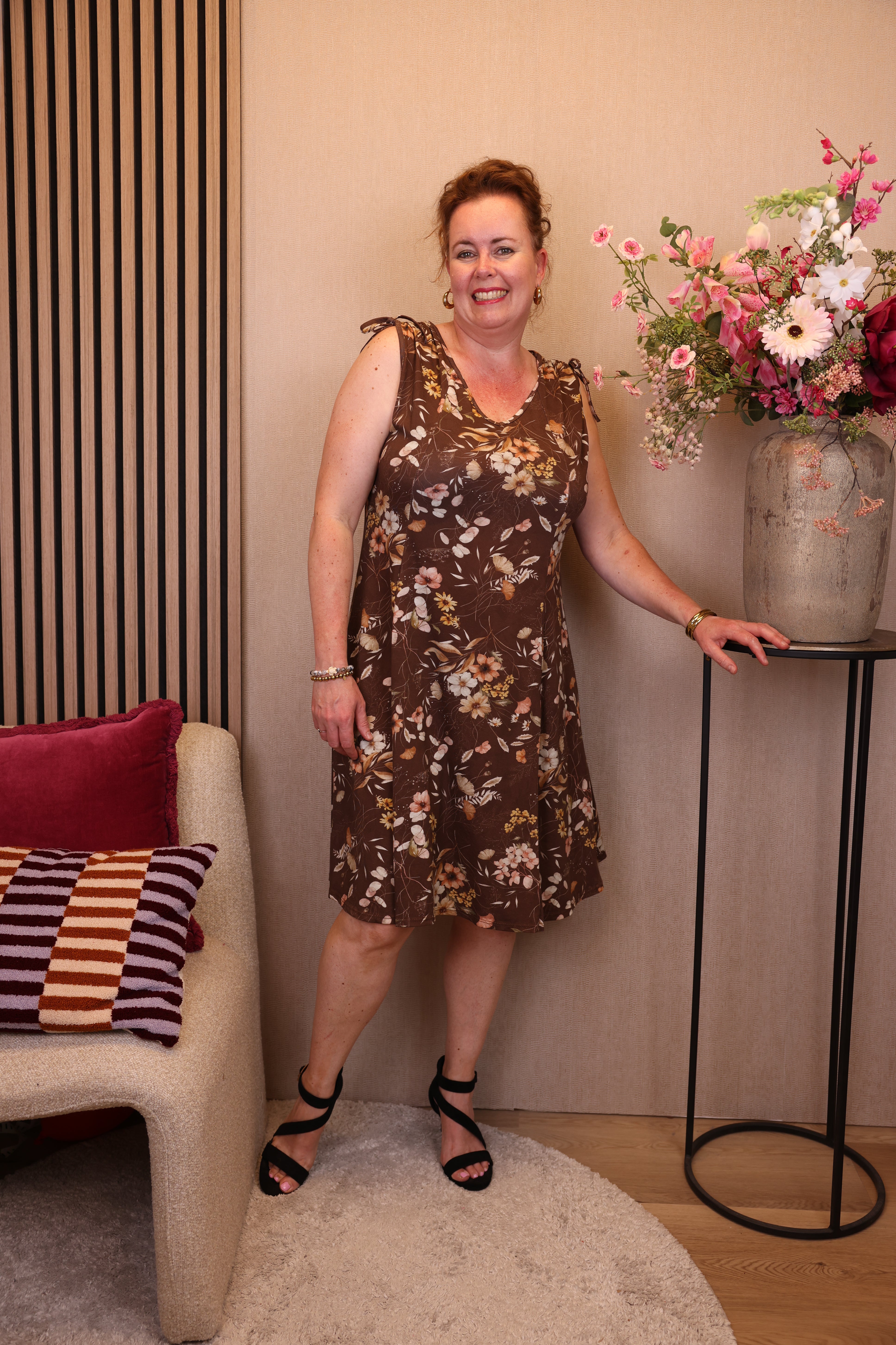 Lieke | Jurk bloemen bruin katoen