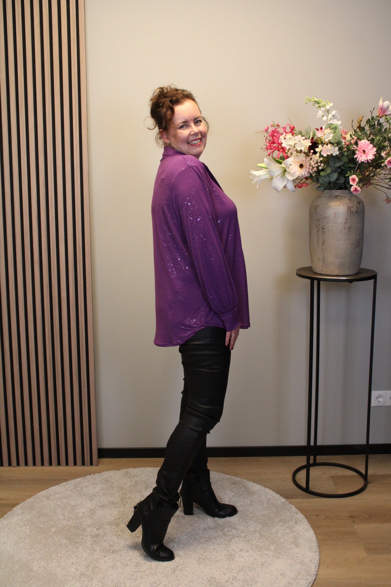Luna | Glitter blouse paars met kraagje