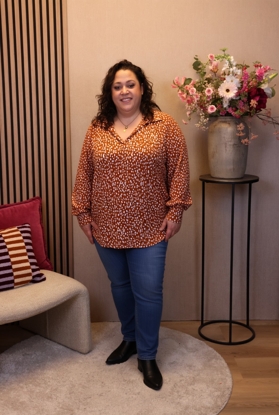 Jip | Blouse geel/bruin met kraagje