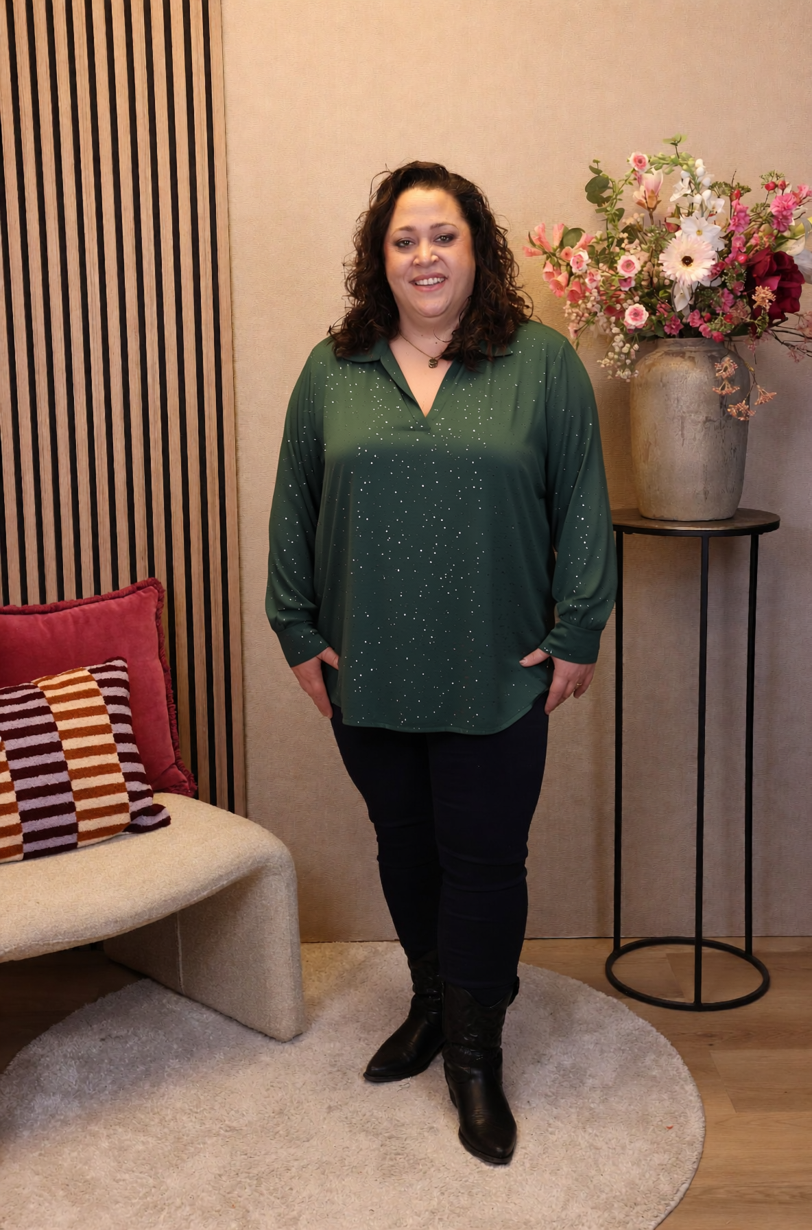 Luna | Glitter blouse fles groen met kraagje