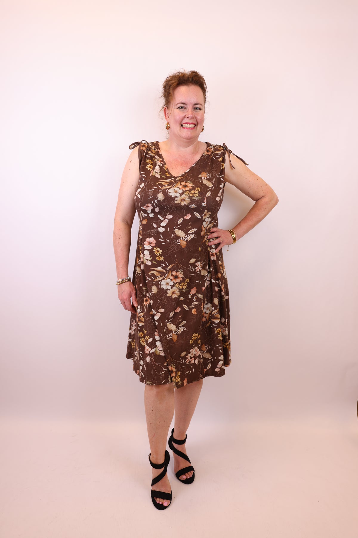 Lieke | Jurk bloemen bruin katoen