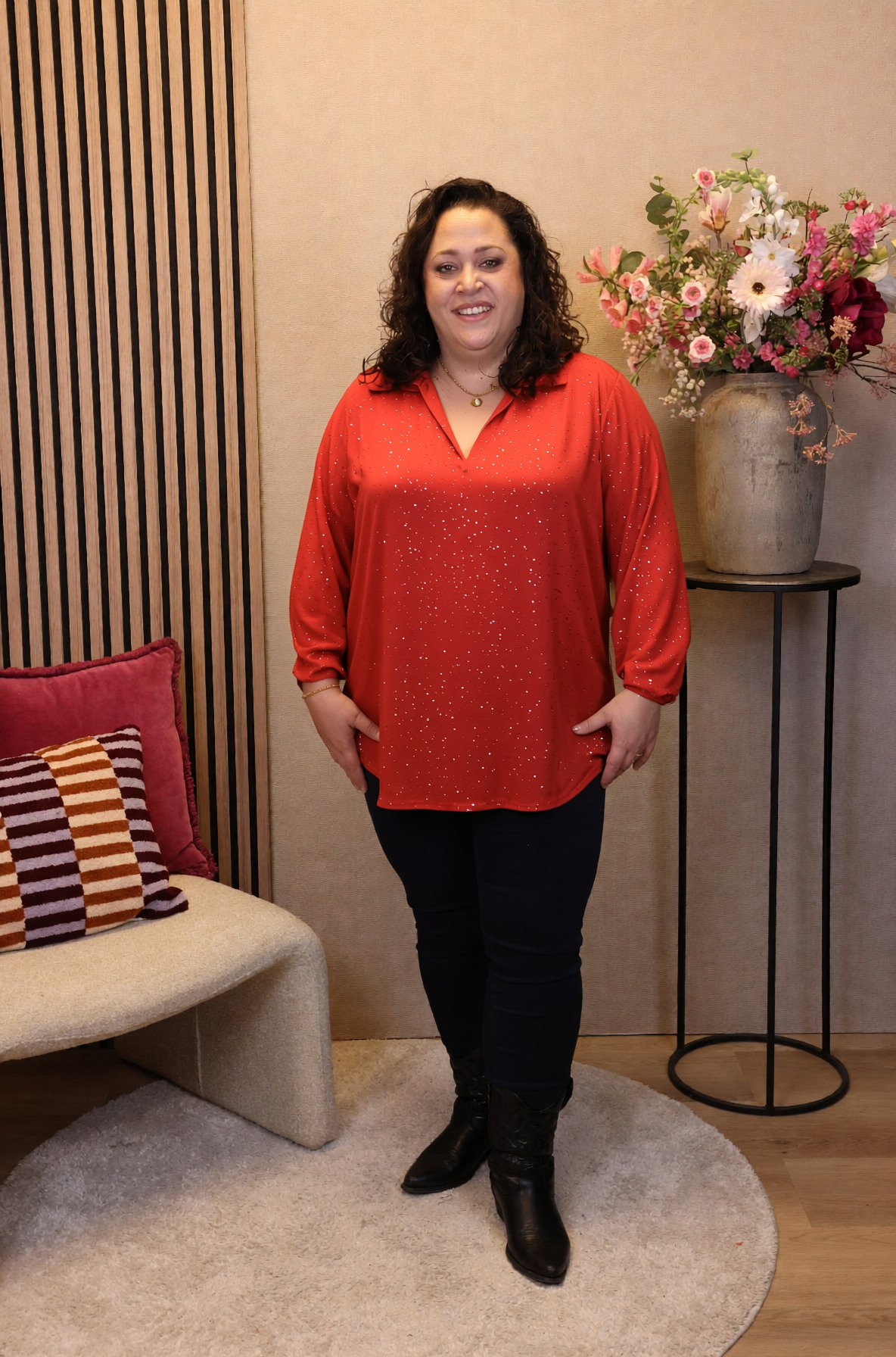 Luna | Glitter blouse rood met kraagje