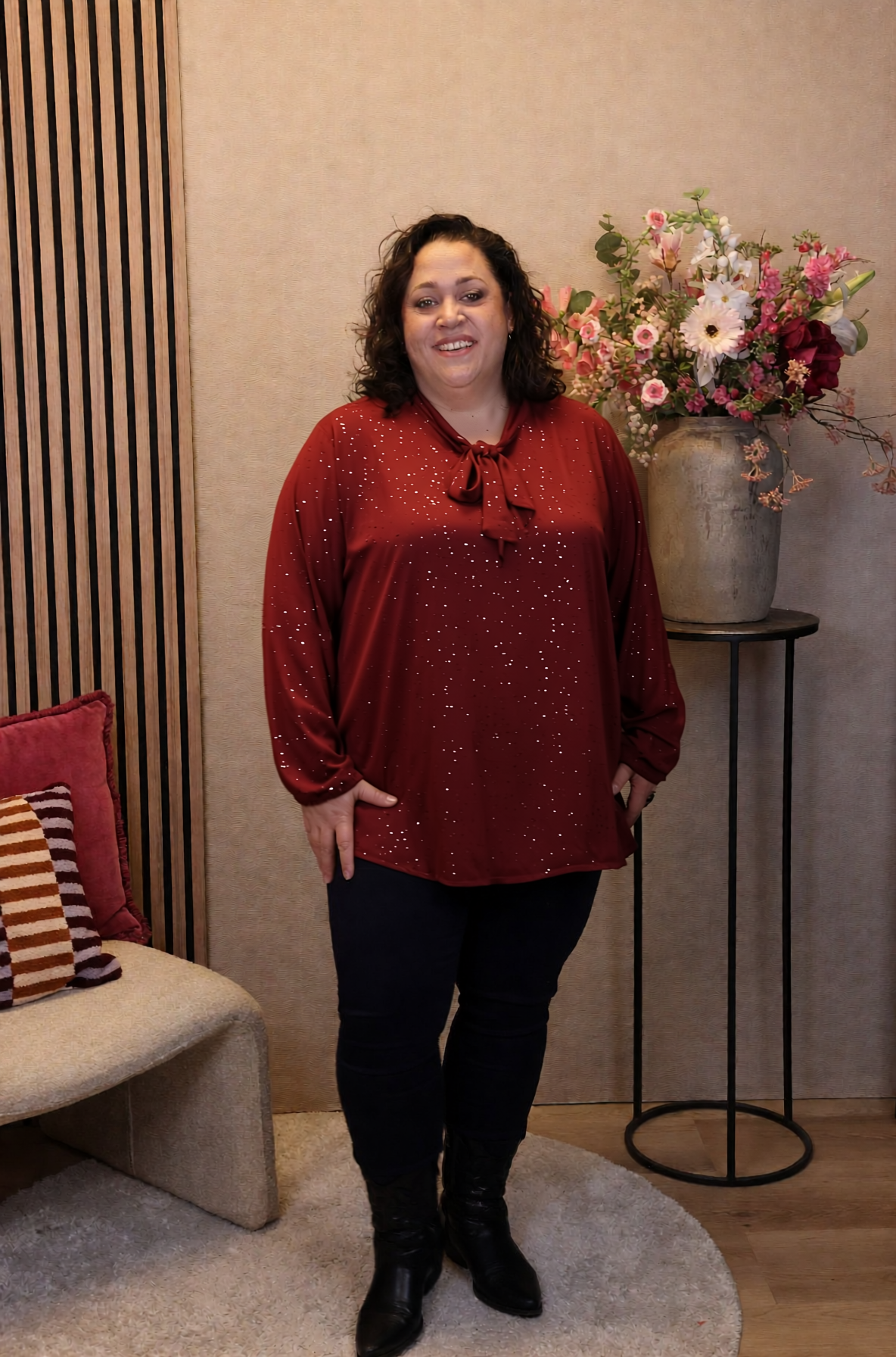 Fieke | Glitter blouse bordeaux met strik
