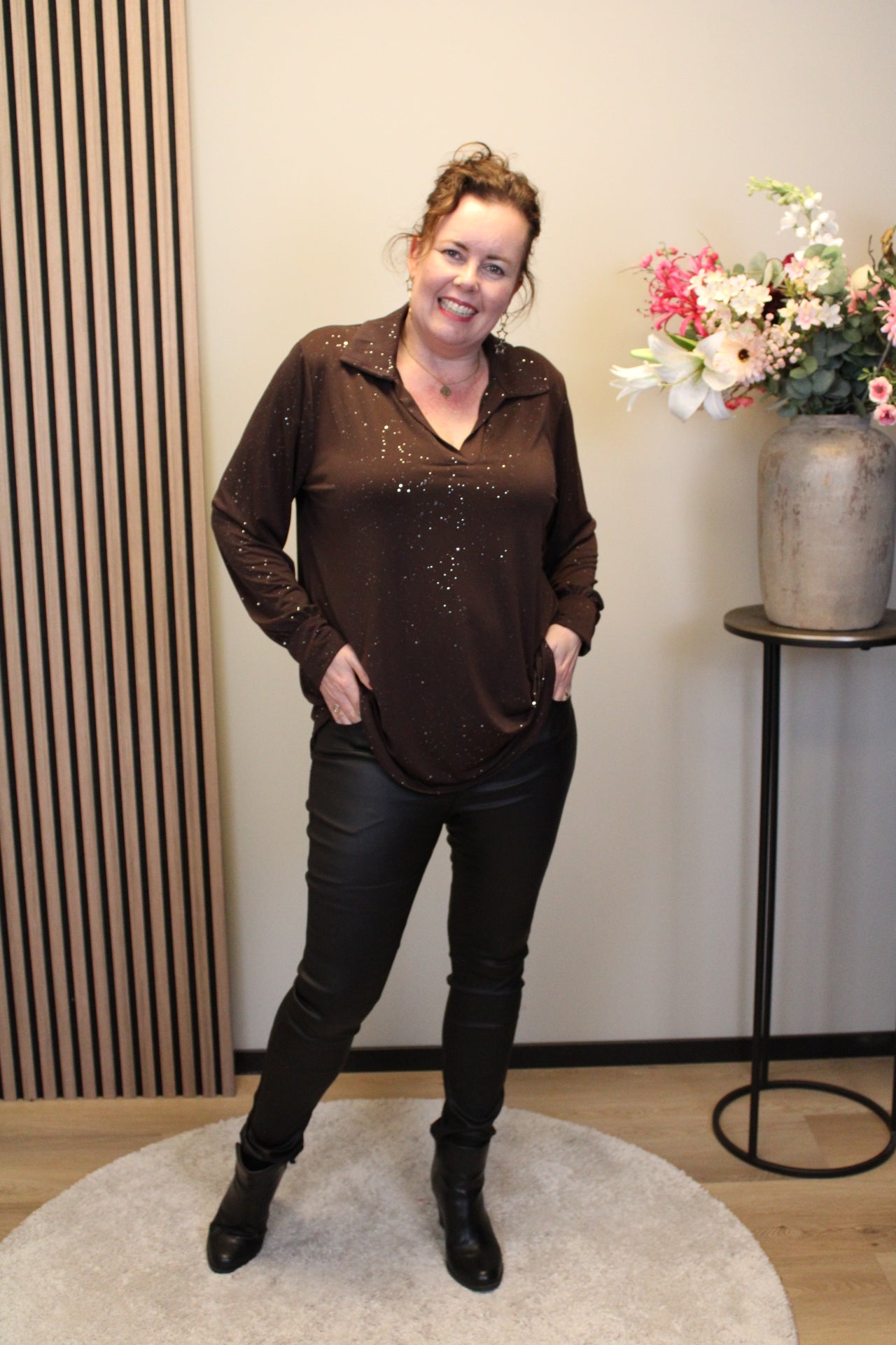 Luna glitter | Blouse bruin met kraagje 48 t/m 52