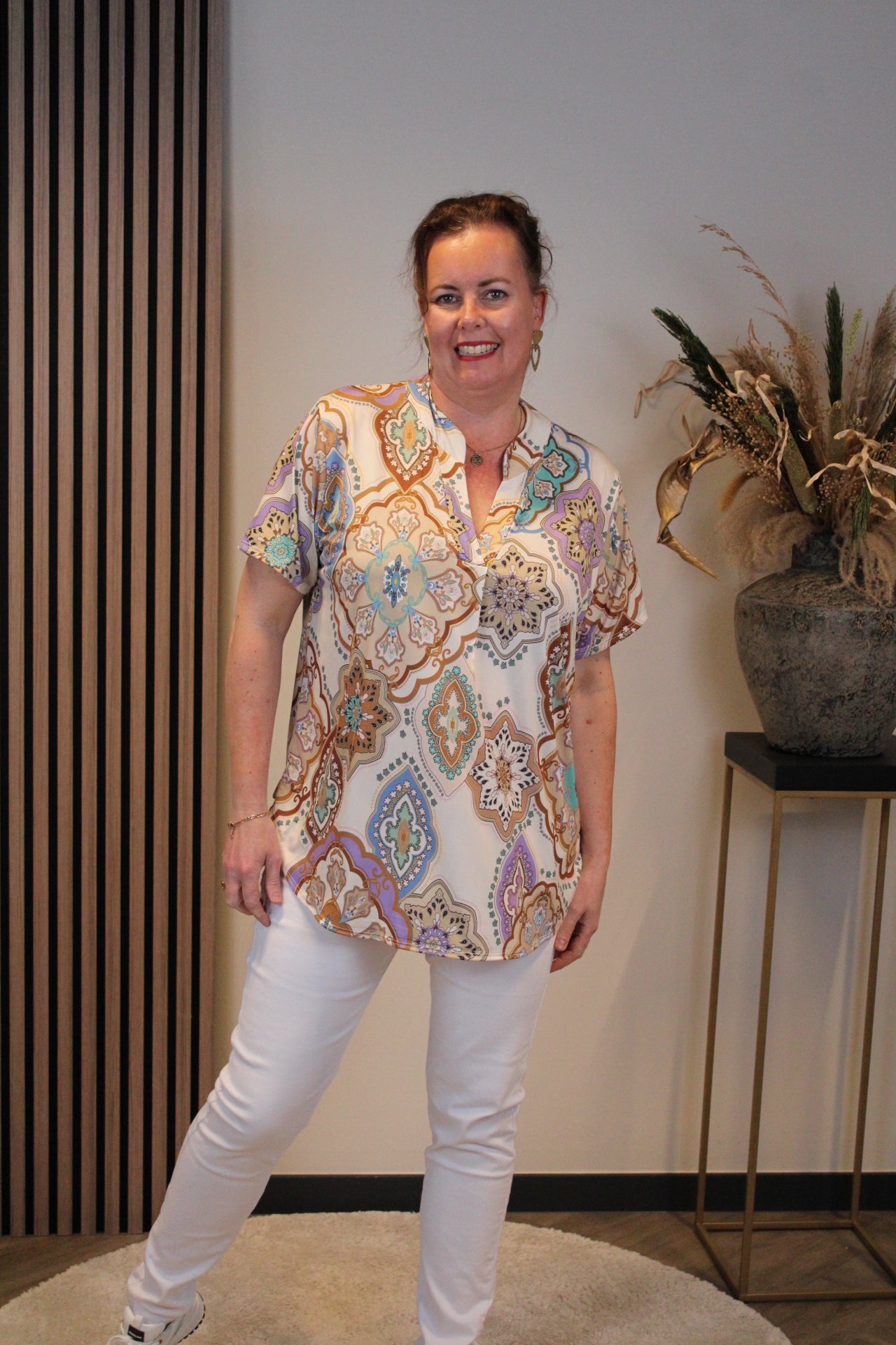 Jane | Blouse beige korte mouw 38 t/m 48