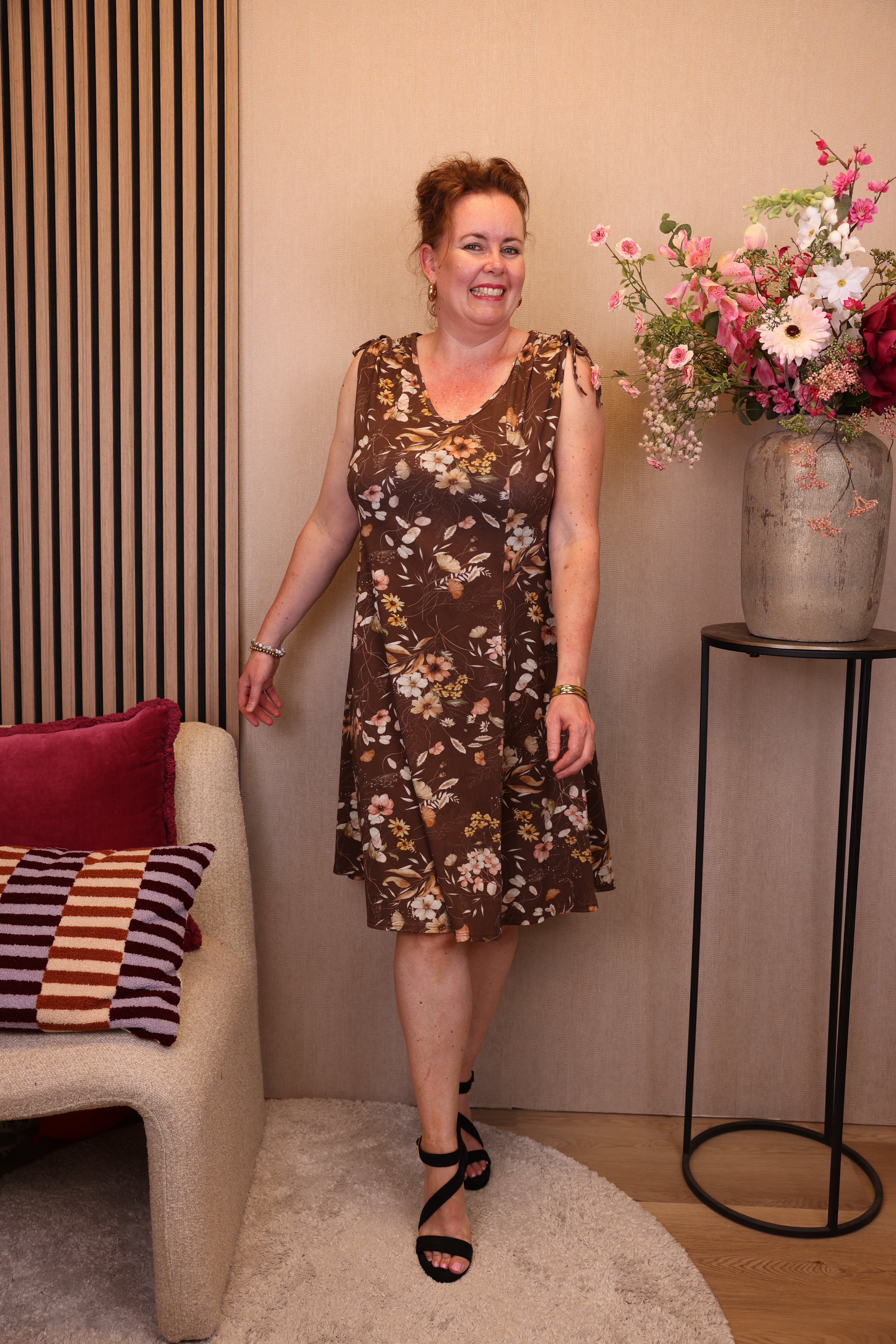 Lieke | Jurk bloemen bruin katoen