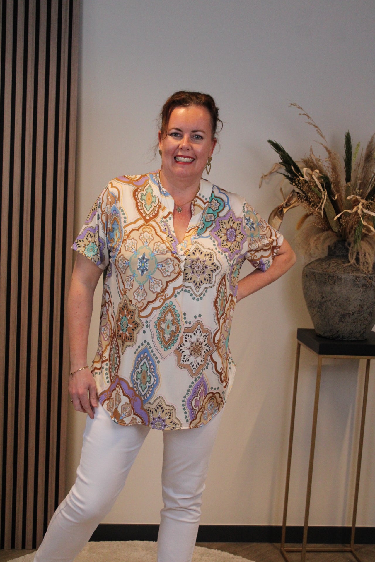 Jane | Blouse beige korte mouw 38 t/m 48