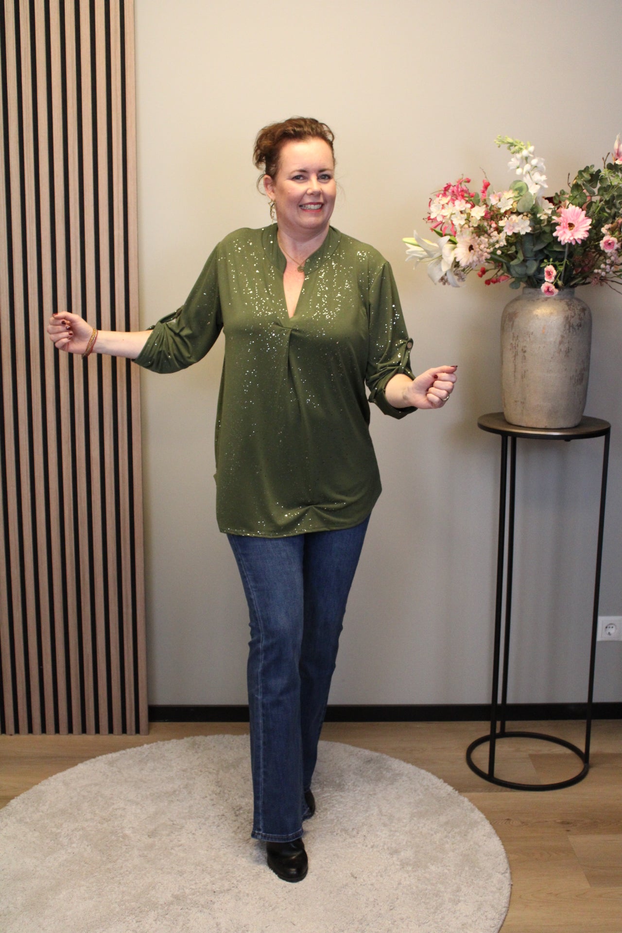 Mieke glitter | Blouse groen lange mouw 38 t/m 48