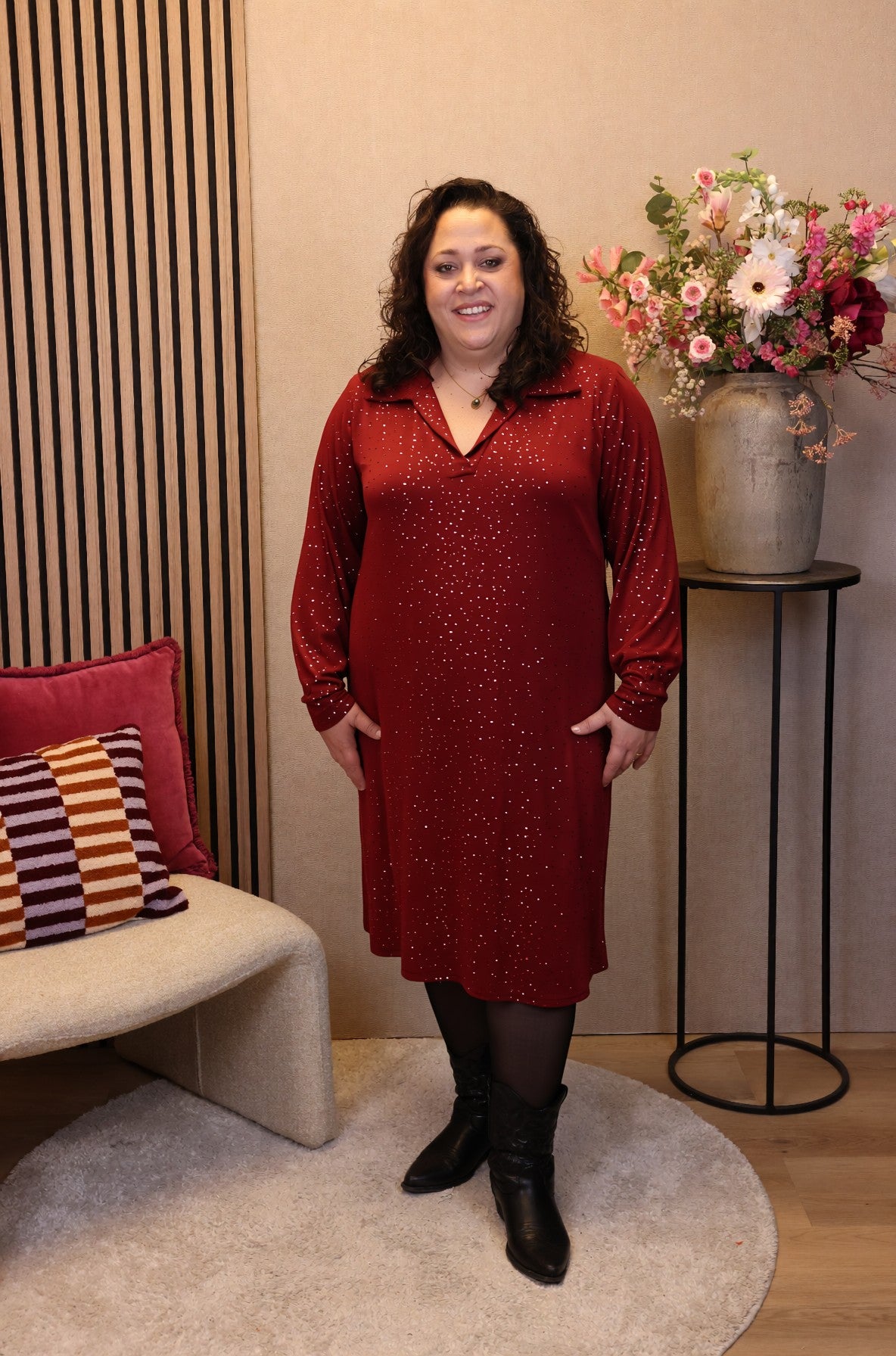 Kenza | Glitter jurk bordeaux met kraagje