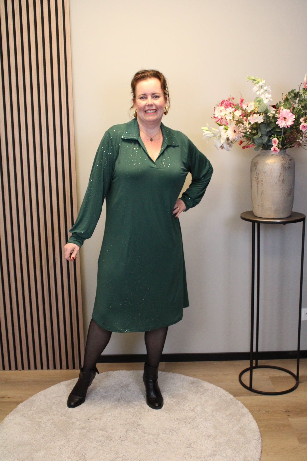 Kenza | Glitter jurk fles groen met kraagje