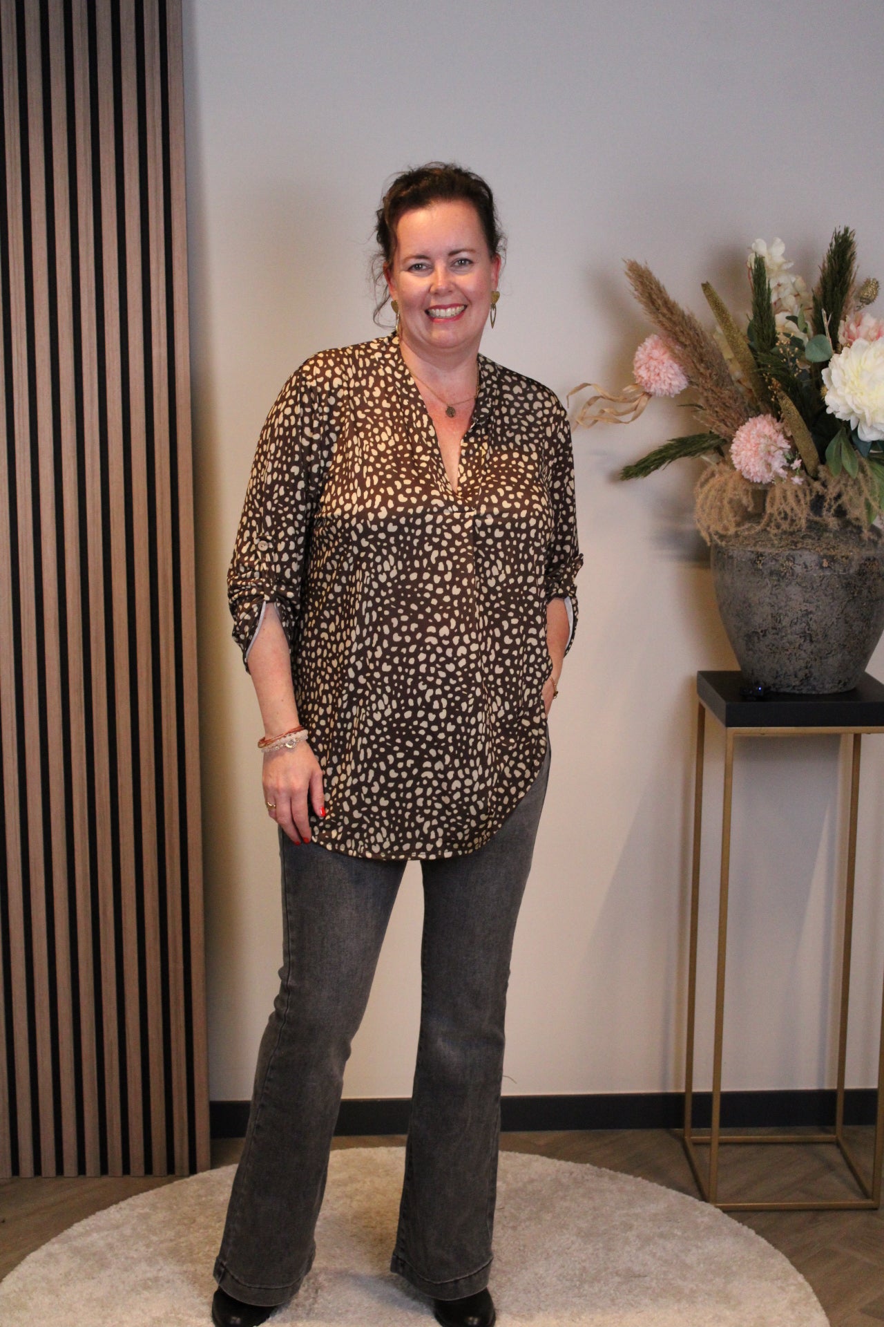 Frieda | Blouse bruin lange mouw 38 t/m 48