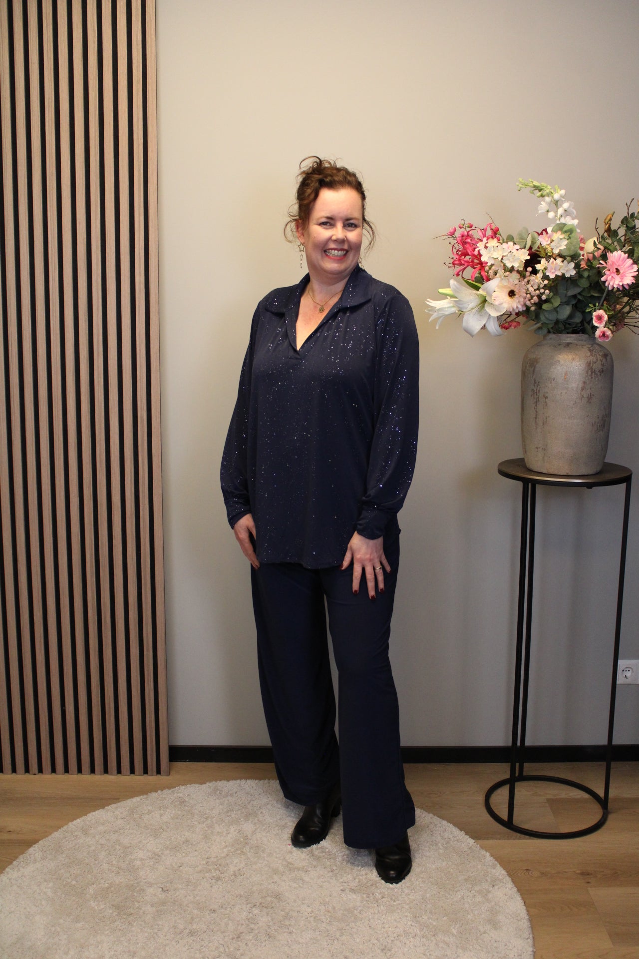 Luna glitter | Blouse navy met kraagje 52 t/m 58