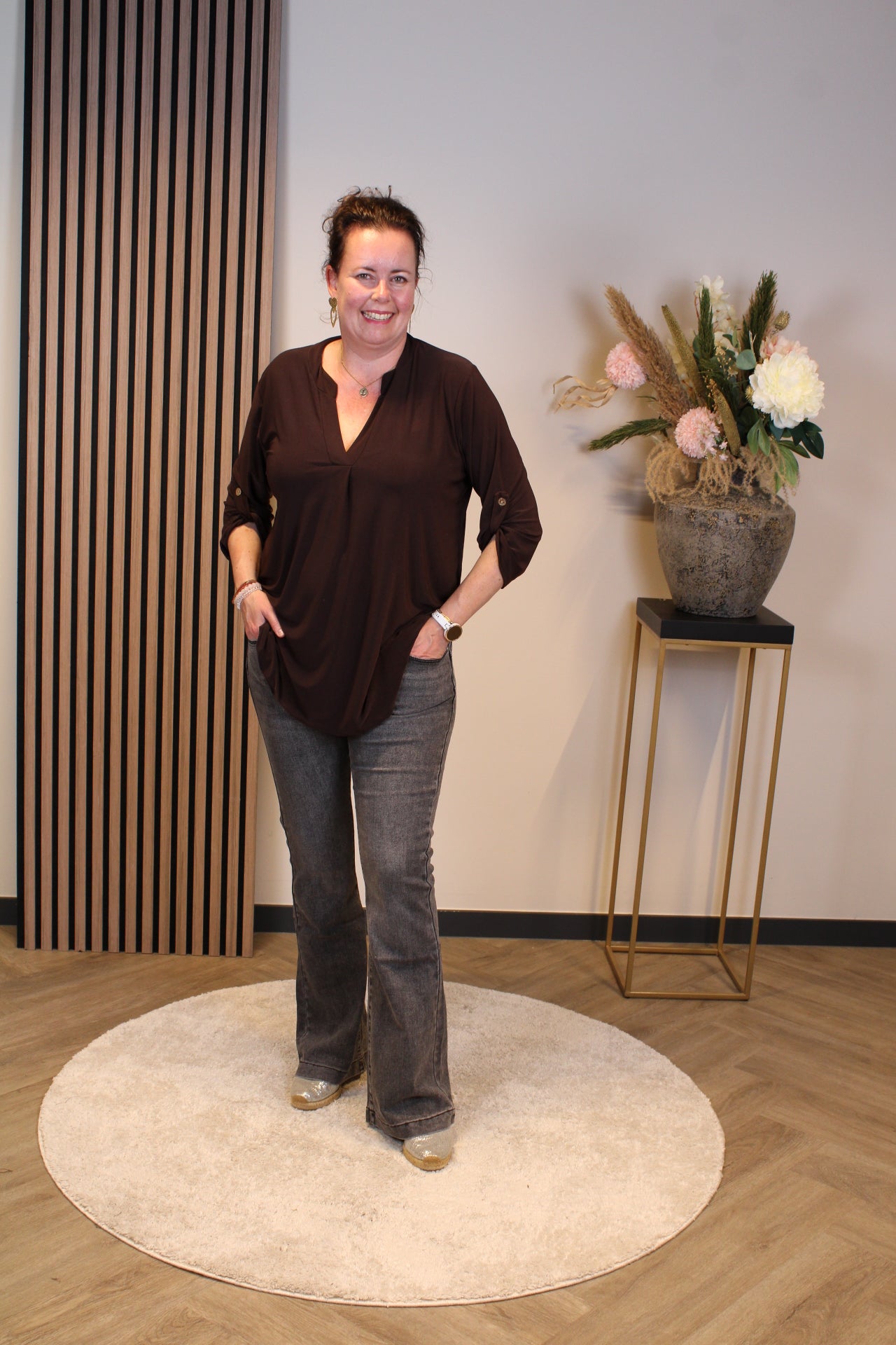 Mara | Blouse bruin lange mouw 48 t/m 52