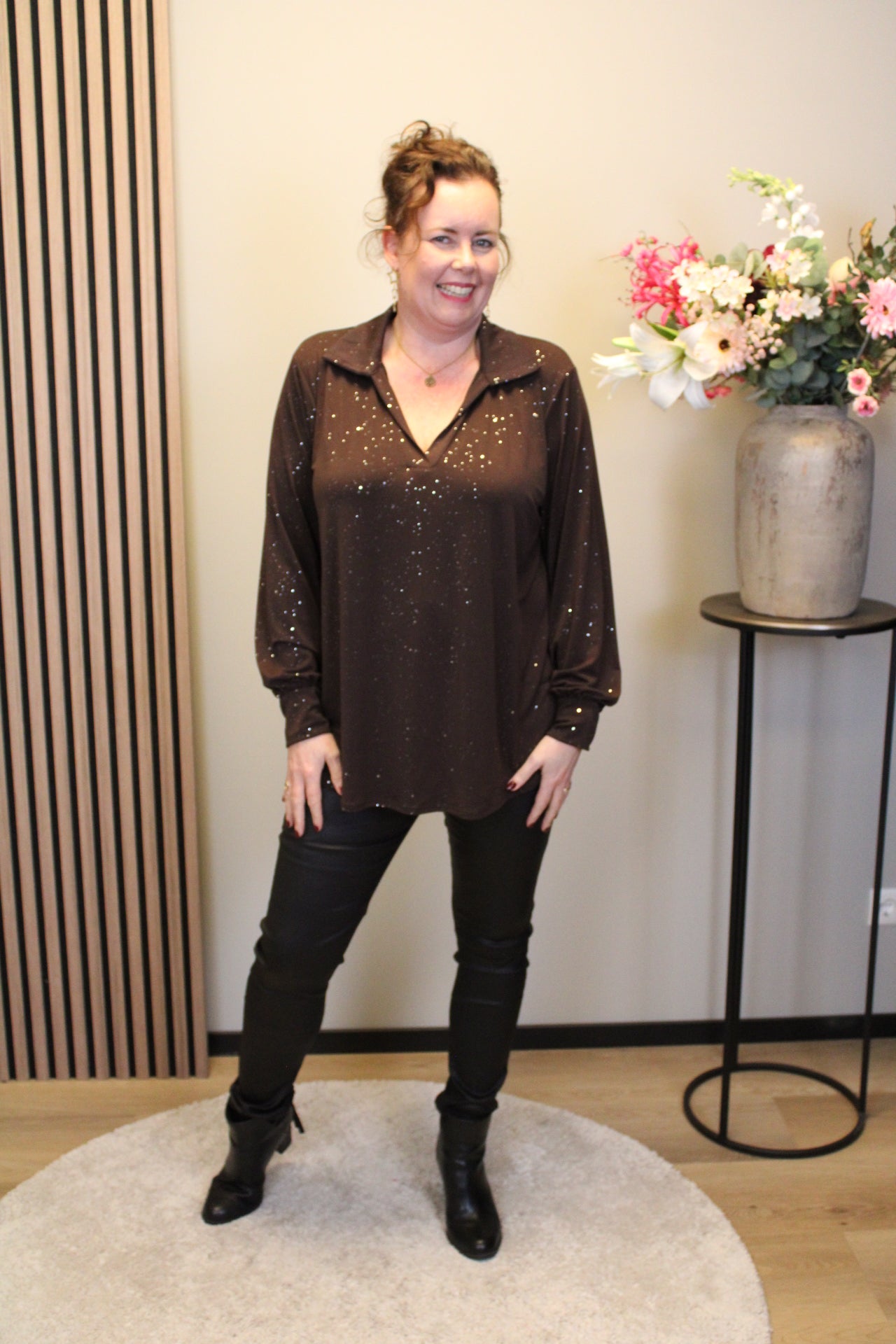 Luna glitter | Blouse bruin met kraagje 52 t/m 58