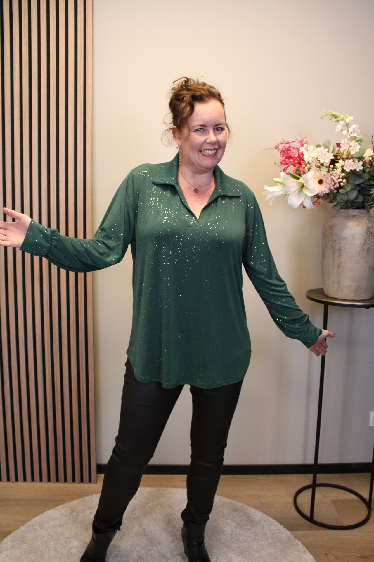 Luna glitter | Blouse fles groen met kraagje 52 t/m 58