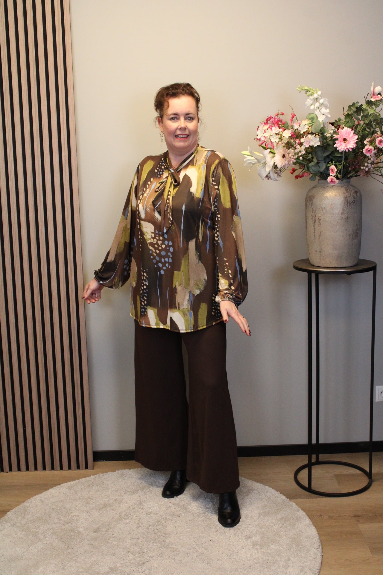 Vela | Blouse met strik bruin lange mouw 38 t/m 48